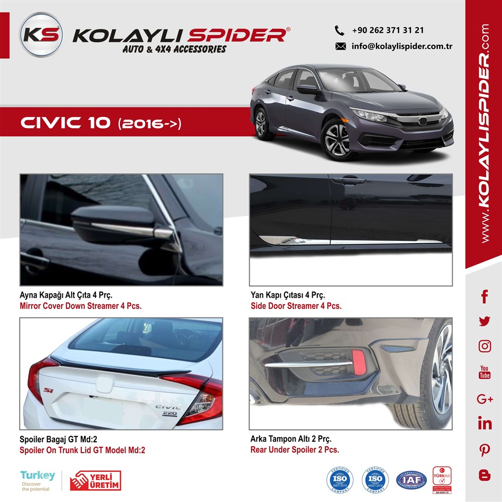 Honda Civic 10 Bagaj Alt Çıta Krom 2016 ve Sonrası Honda Civic 10 Bagaj Alt Çıta Krom 2016 ve Sonrası