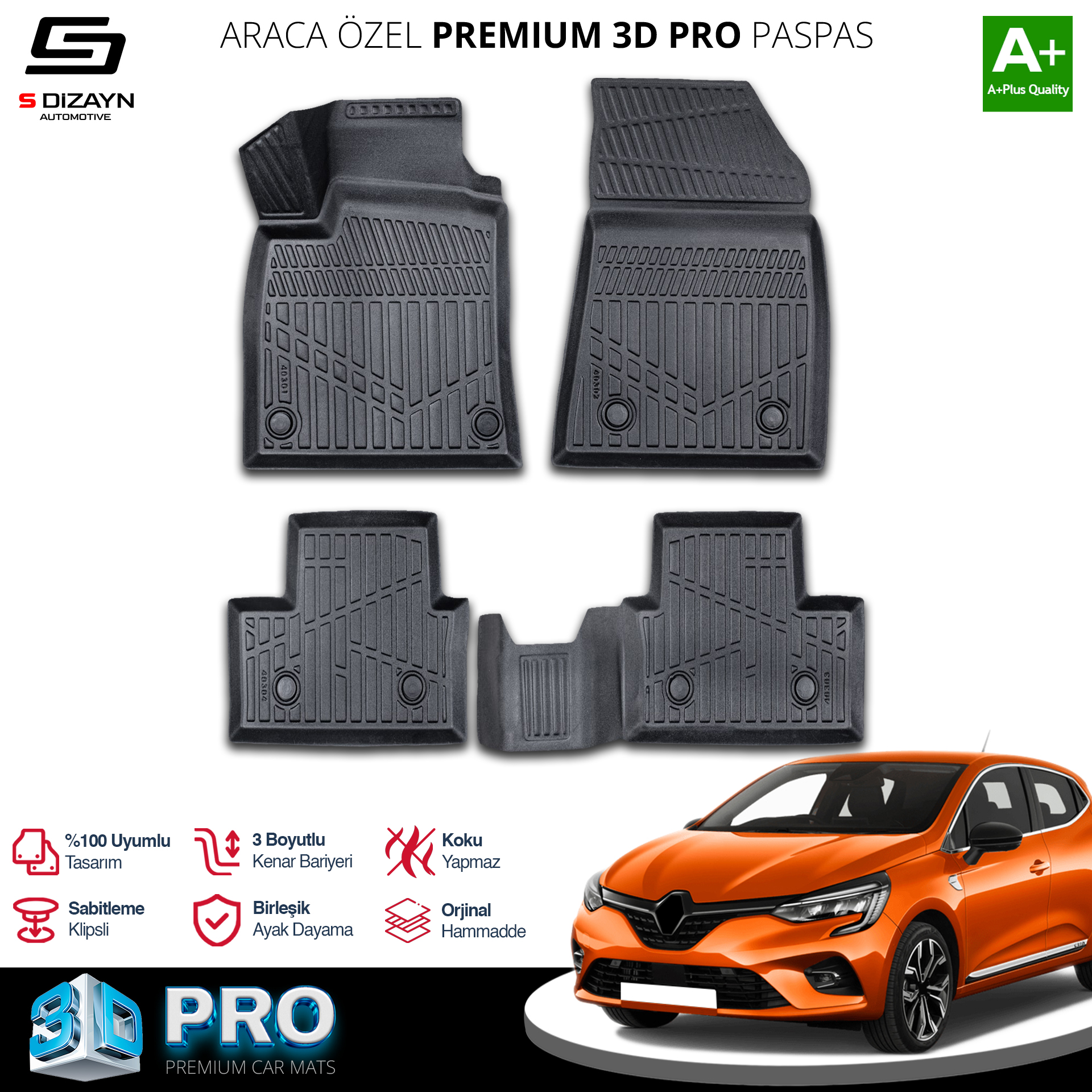 S-Dizayn Renault Clio 5 3D Pro Havuzlu Paspas 2019 Üzeri A+ Kalite S-Dizayn Renault Clio 5 3D Pro Havuzlu Paspas 2019 Üzeri A+ Kalite