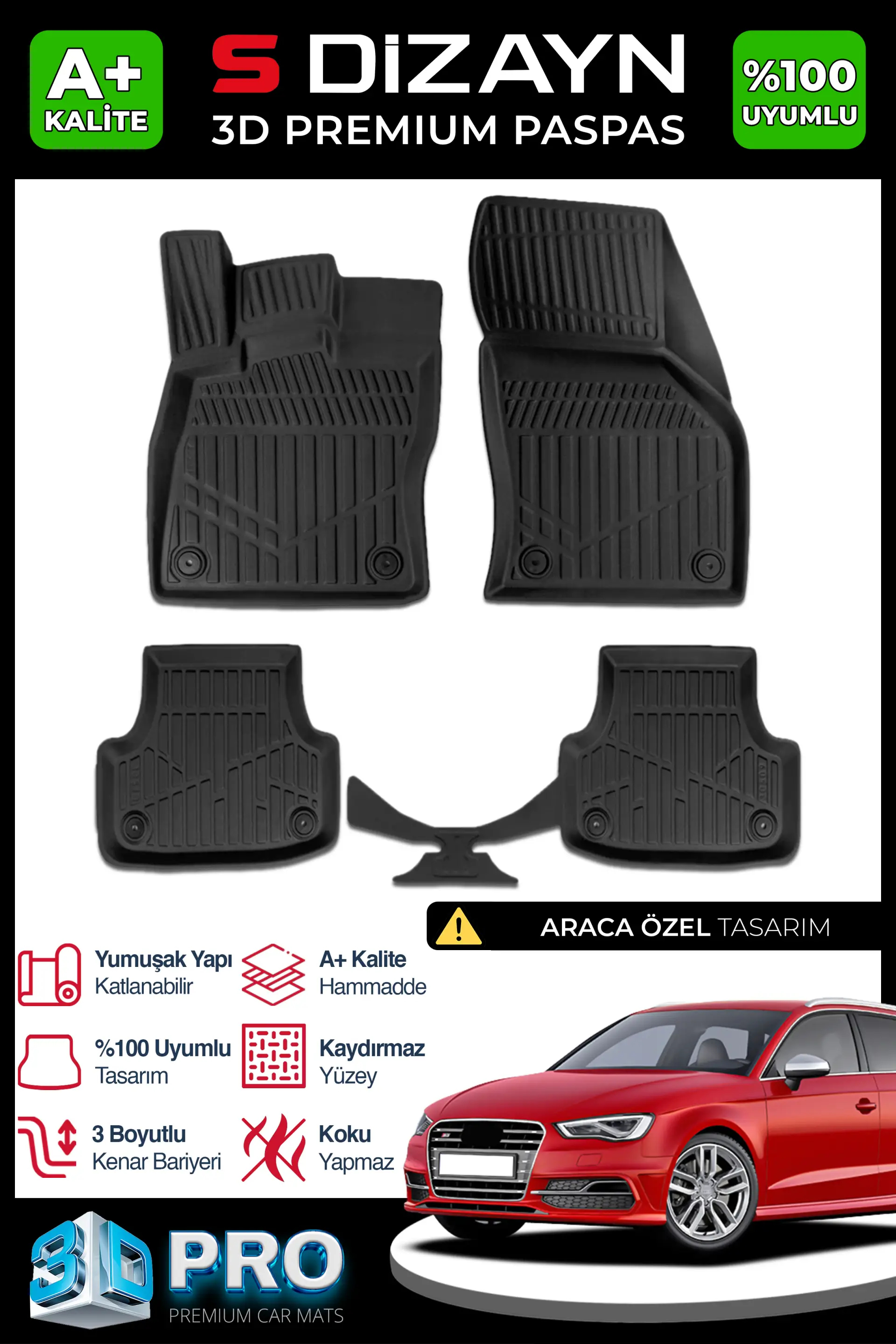 S-Dizayn Audi A3 3D Pro Havuzlu Paspas 2020 Üzeri A+ Kalite