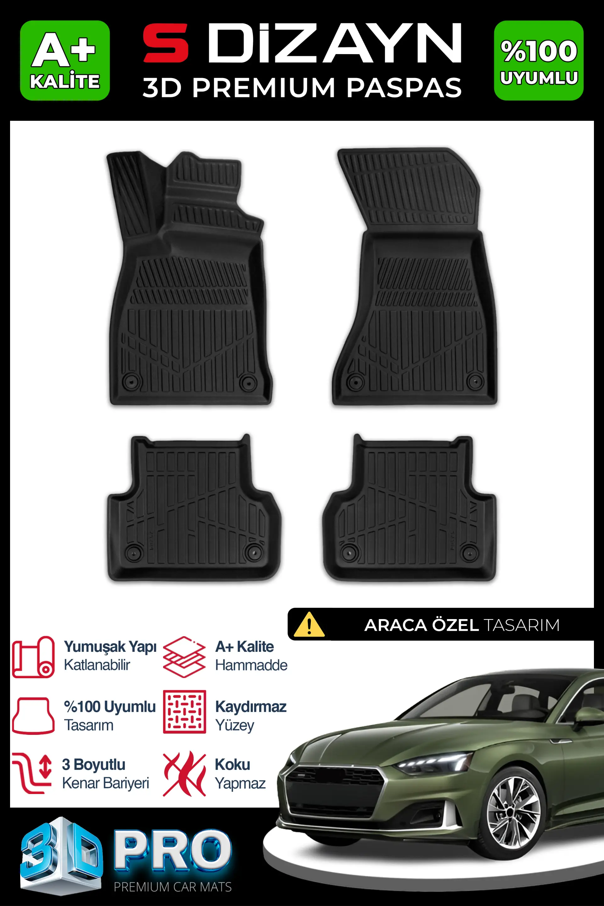 S-Dizayn Audi A5 3D Pro Havuzlu Paspas 2024 Üzeri A+ Kalite
