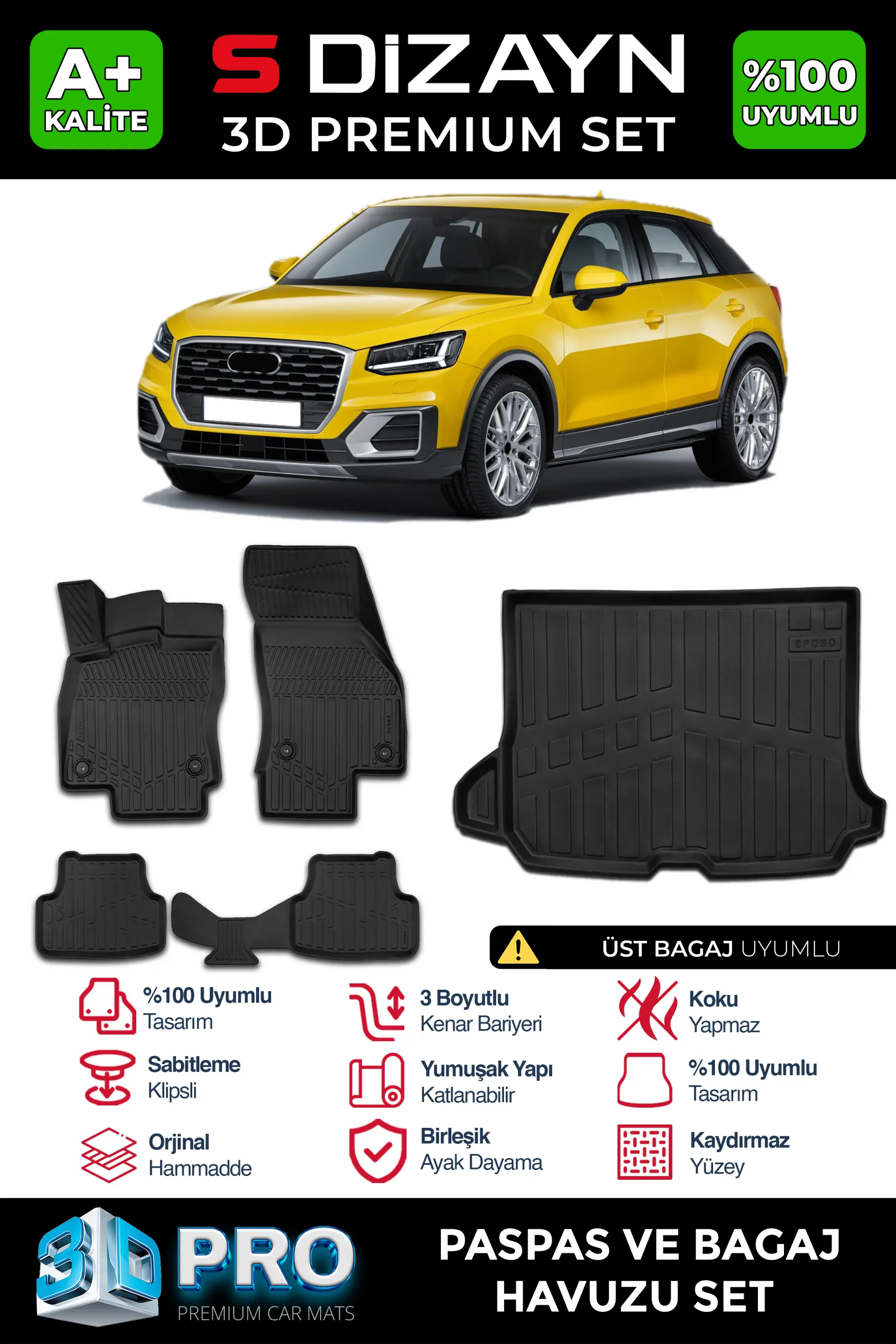 S-Dizayn Audi Q2 3D Pro Havuzlu Paspas ve Üst Bagaj Havuzu Seti (2'li SET) 2016 Üzeri A+ Kalite