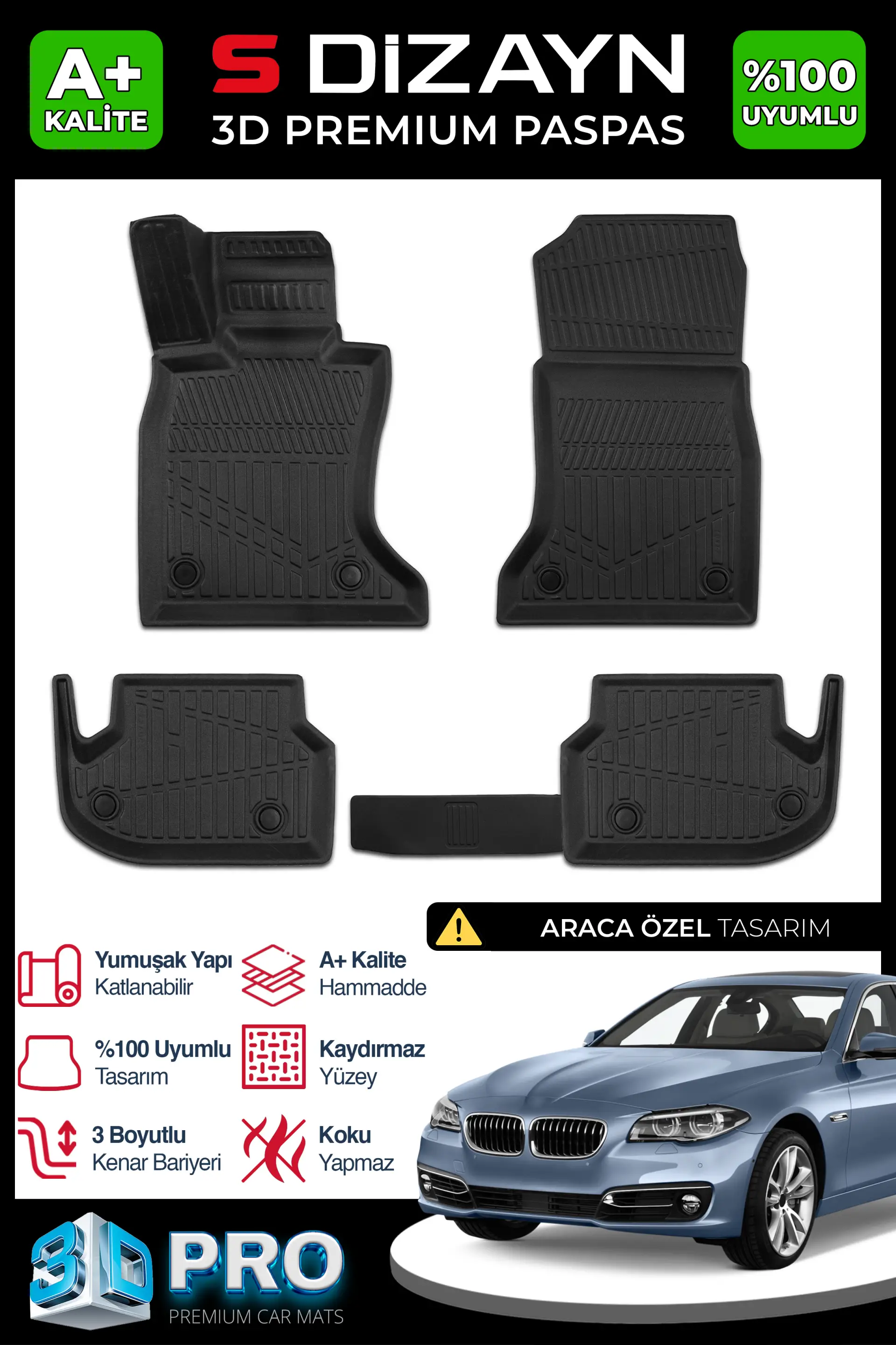S-Dizayn Bmw 5 Serisi F10 3D Pro Havuzlu Paspas 2013-2016 A+ Kalite
