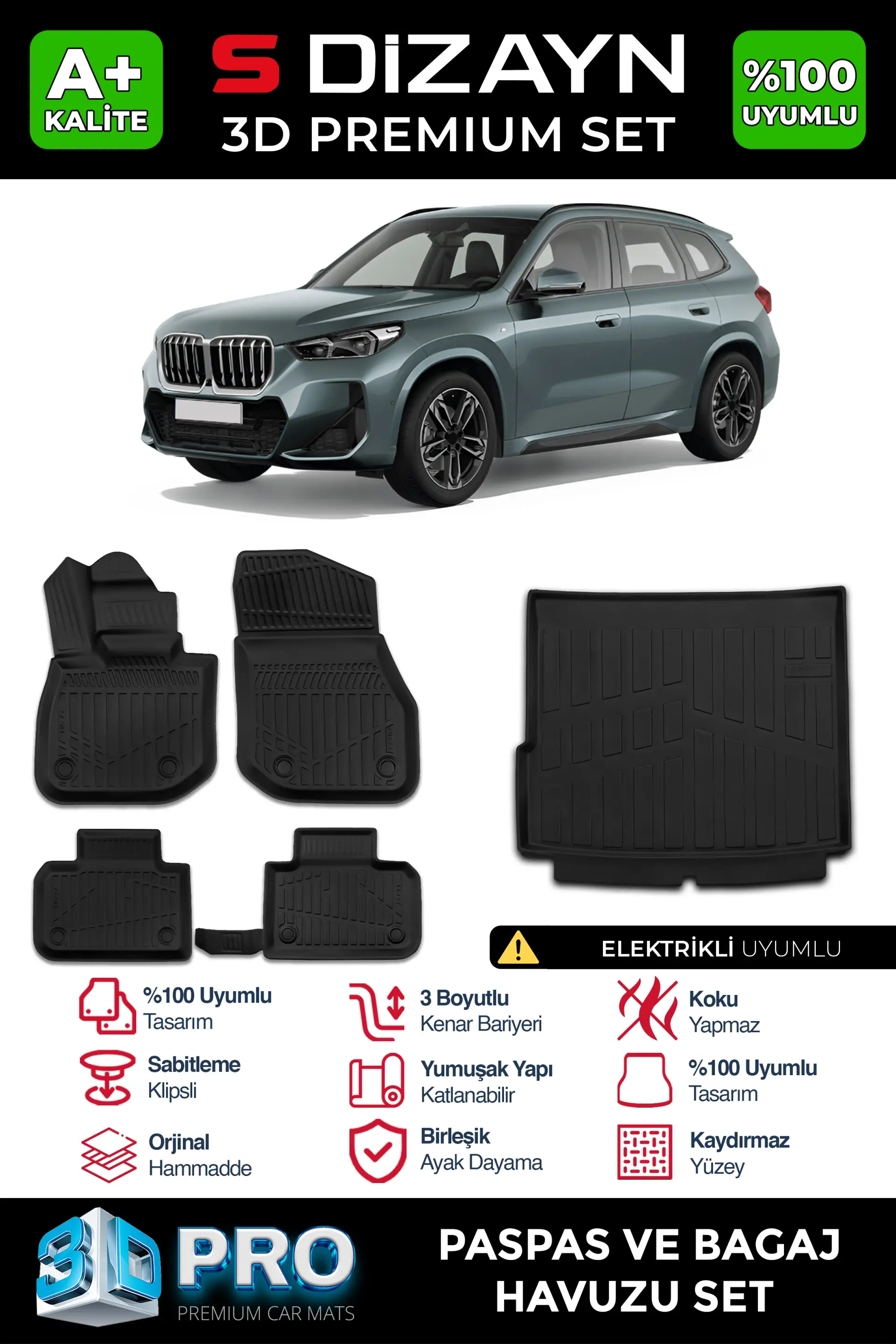 S-Dizayn Bmw IX1 3D Pro Havuzlu Paspas ve Bagaj Havuzu Seti (2'li SET) 2024 Üzeri A+ Kalite