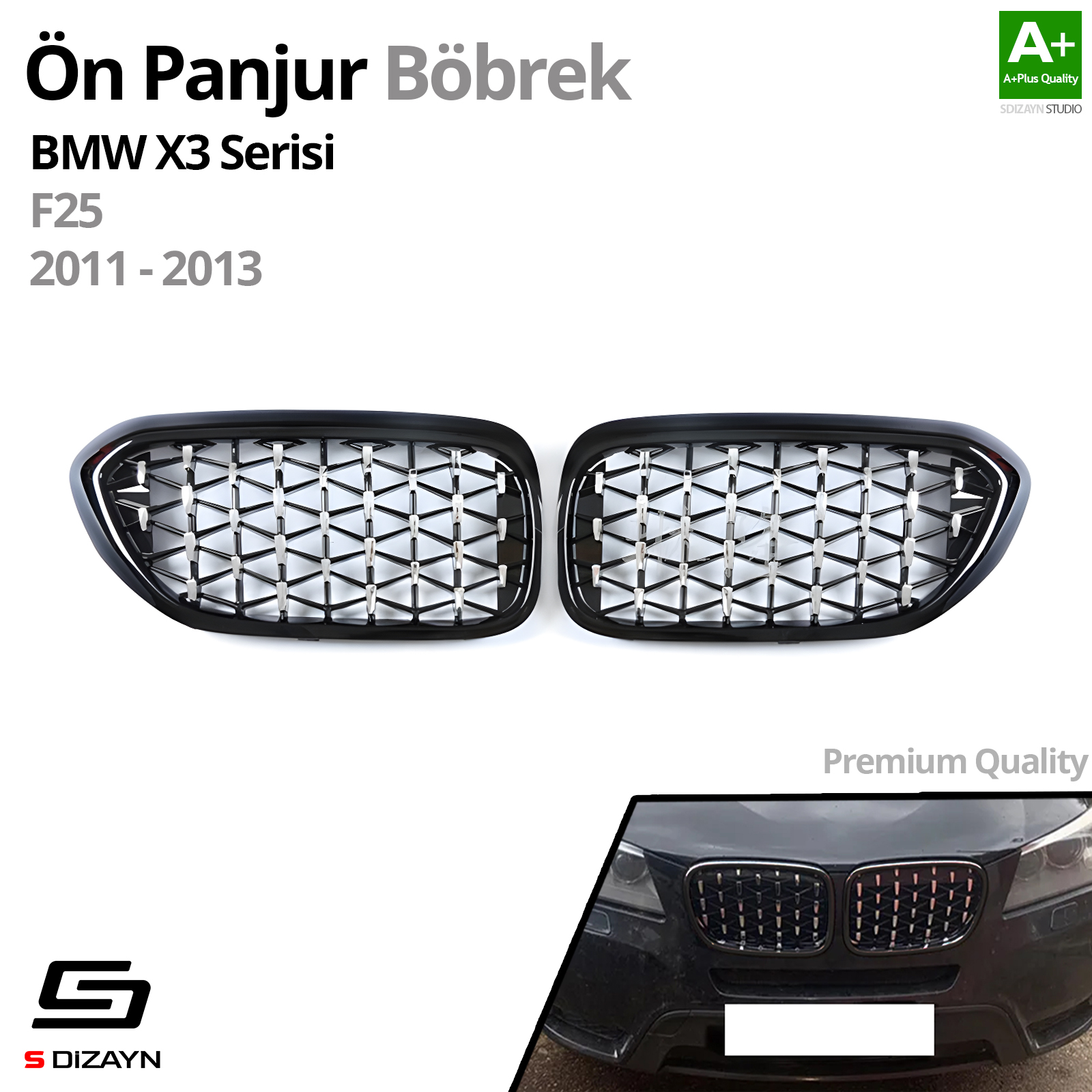 S-Dizayn Bmw X3-X4 F25/F26 Ön Panjur Böbrek Parlak Siyah Çerçeveli Krom Diamond Model 2014-2017 S-Dizayn Bmw X3-X4 F25/F26 Ön Panjur Böbrek Parlak Siyah Çerçeveli Krom Diamond Model 2014-2017