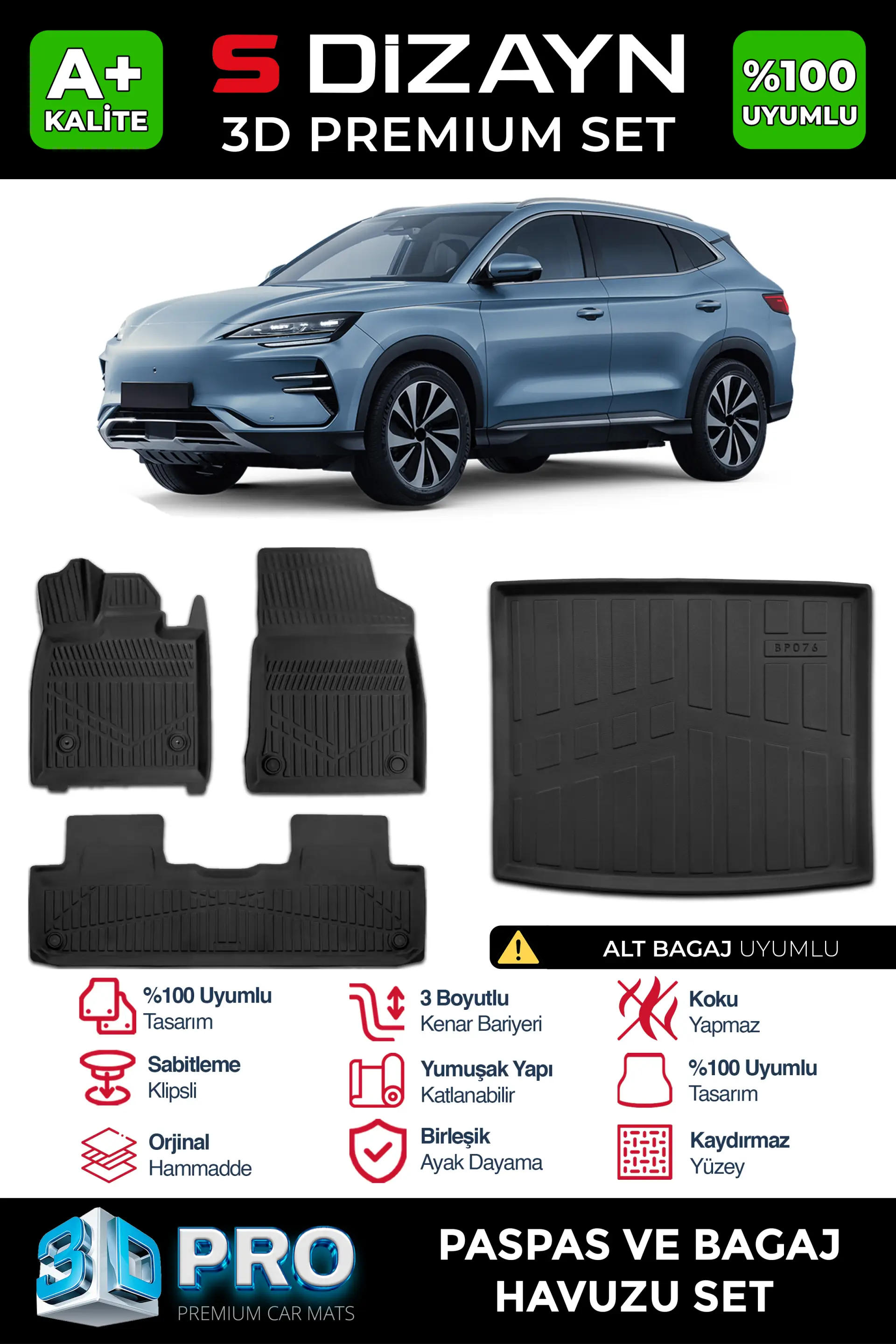 S-Dizayn BYD Seal U 3D Pro Havuzlu Paspas ve Alt Bagaj Havuzu Seti (2'li SET) 2024 Üzeri A+ Kalite