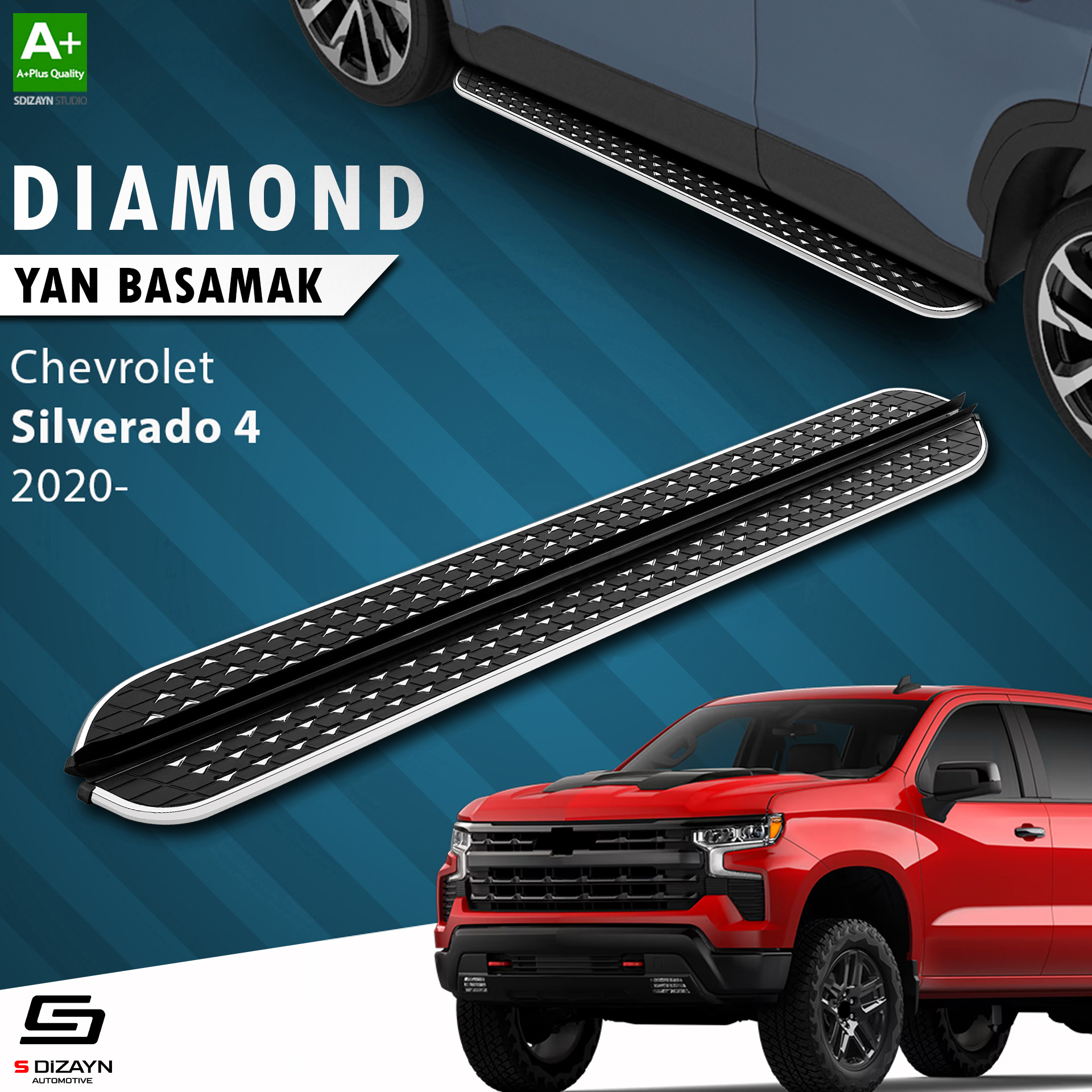S-Dizayn Chevrolet Silverado 4 Uzun Şase Diamond Krom Yan Basamak 253 Cm 2020 Üzeri A+ Kalite S-Dizayn Chevrolet Silverado 4 Uzun Şase Diamond Krom Yan Basamak 253 Cm 2020 Üzeri A+ Kalite