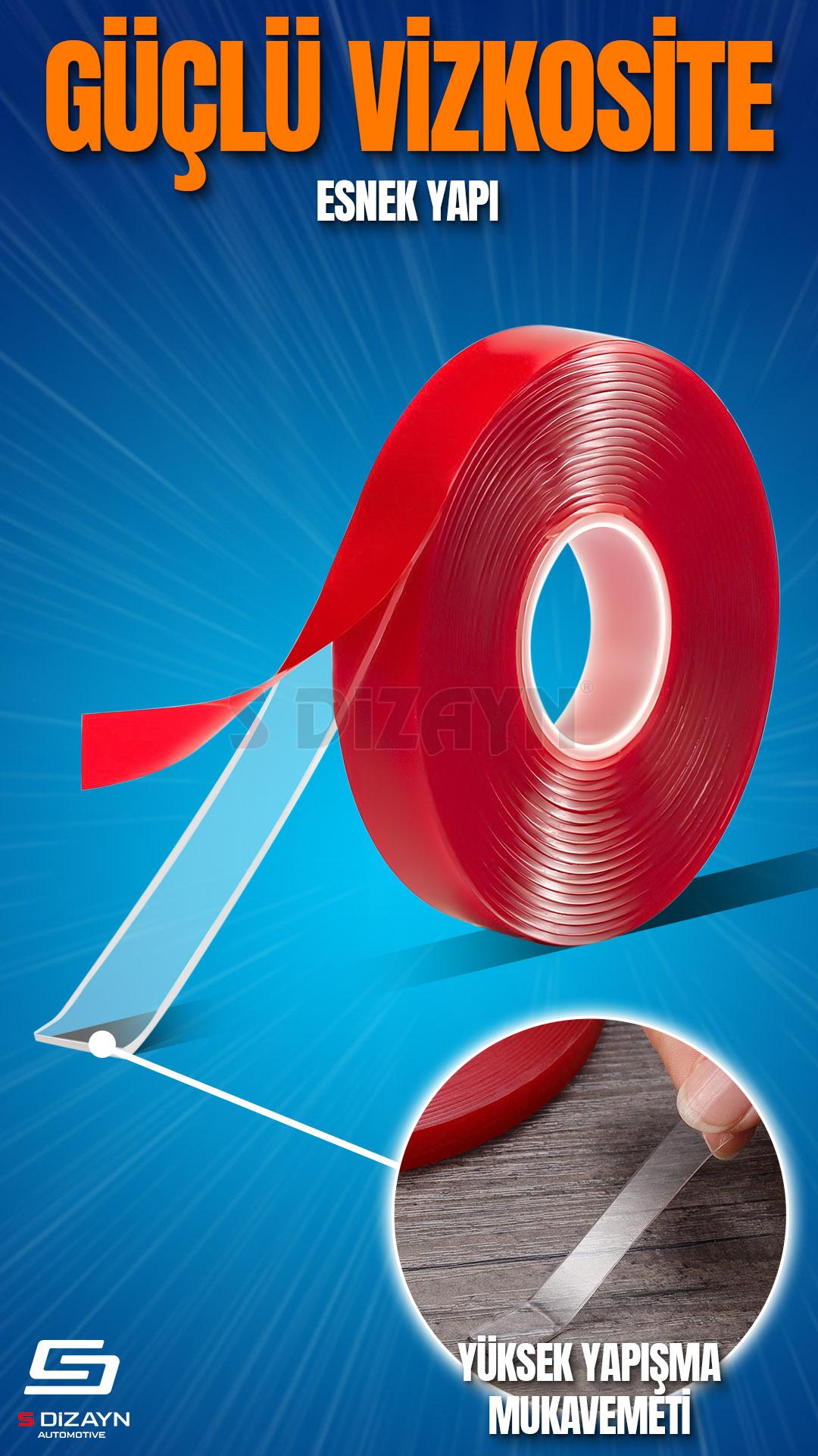 S-Dizayn Çift Taraflı Bant 10mm x 5 Metre 5`li Paket Şeffaf Silikon VHB Bant A+Kalite S-Dizayn Çift Taraflı Bant 10mm x 5 Metre 5`li Paket Şeffaf Silikon VHB Bant A+Kalite