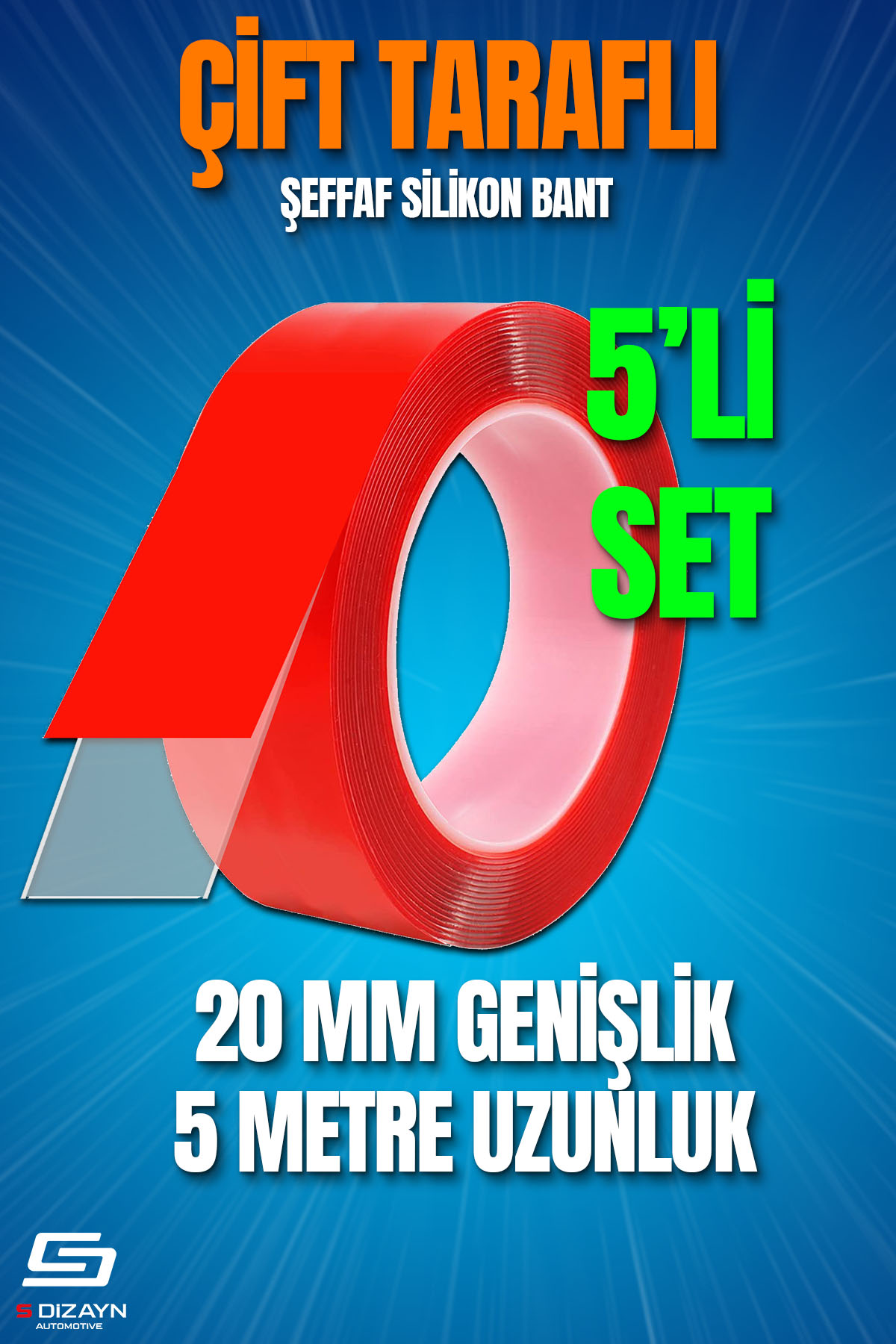 S-Dizayn Çift Taraflı Bant 20mm x 5 Metre 5`li Paket Şeffaf Silikon VHB Bant A+Kalite S-Dizayn Çift Taraflı Bant 20mm x 5 Metre 5`li Paket Şeffaf Silikon VHB Bant A+Kalite