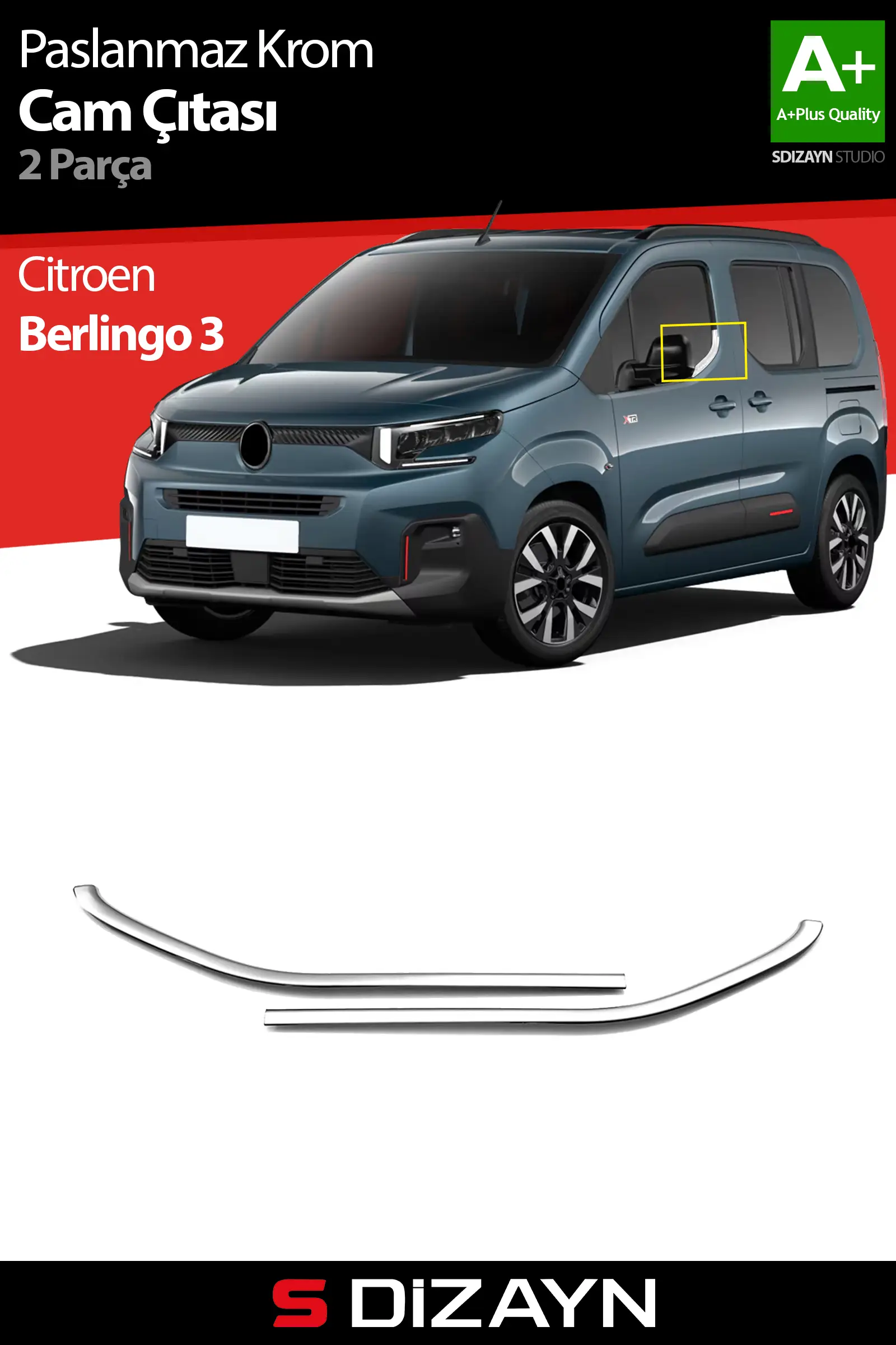 S-Dizayn Citroen Berlingo 3 Krom Cam Çıtası 2 Prç 2019 Üzeri A+ Kalite