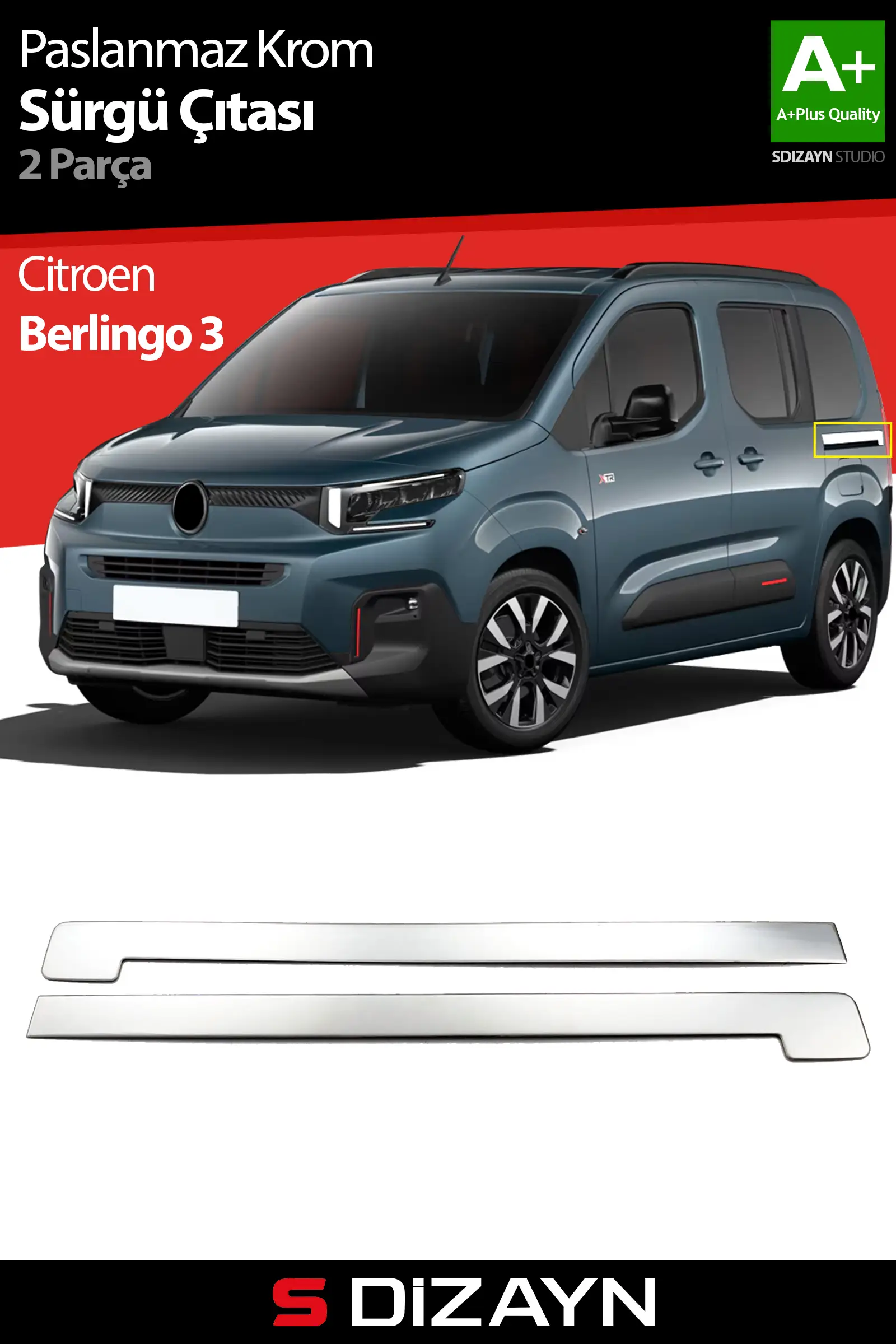 S-Dizayn Citroen Berlingo 3 Krom Sürgülü Kapı Çıtası 2 Prç 2019 Üzeri A+ Kalite