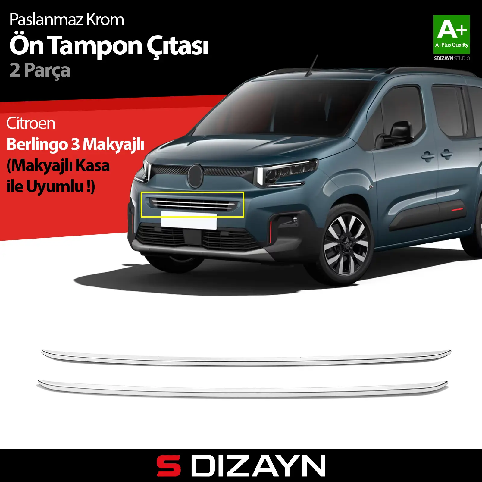 S-Dizayn Citroen Berlingo Makyajlı Krom Ön Tampon Çıtası 2 Prç 2024 Üzeri A+ Kalite