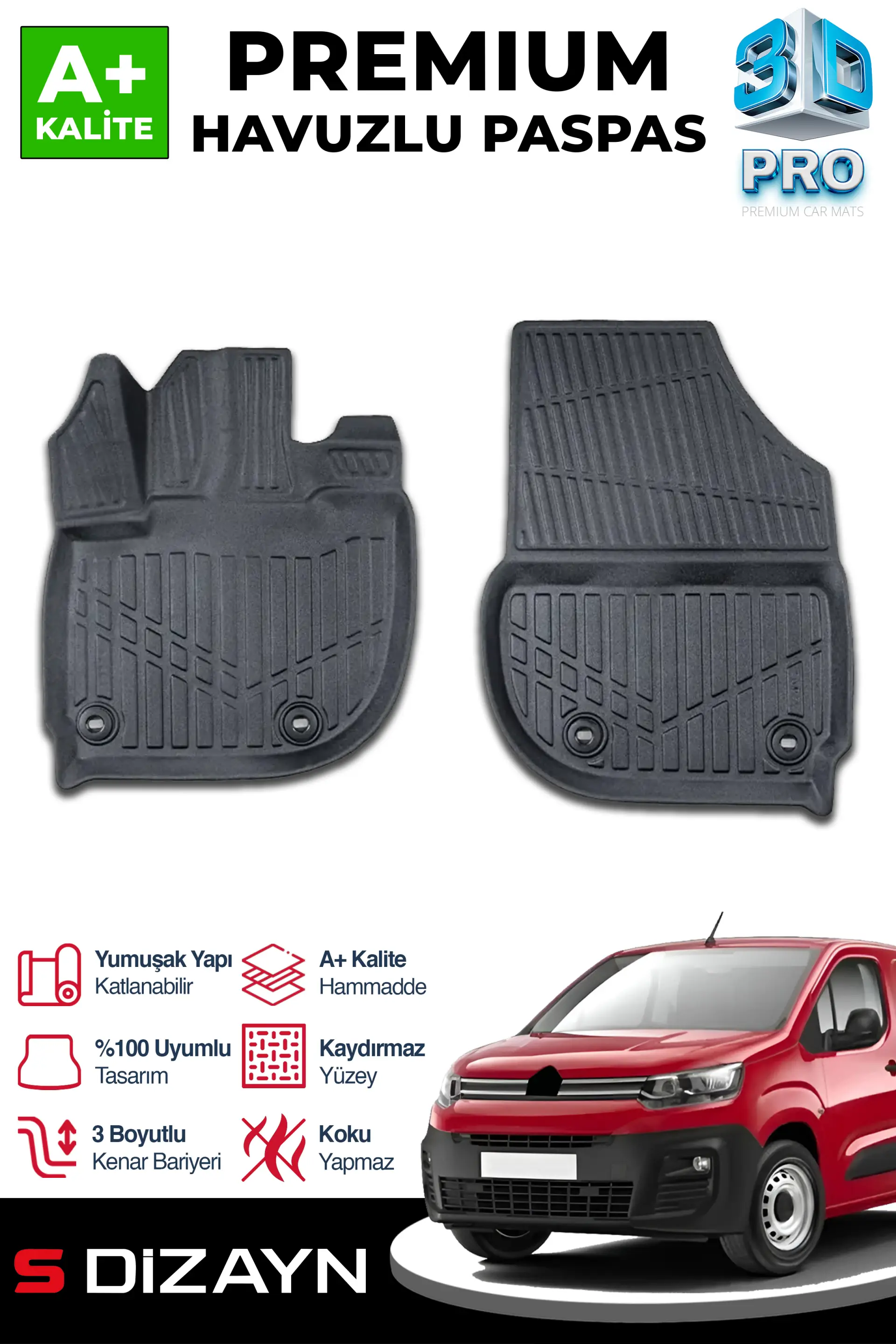 S-Dizayn Citroen Berlingo Panelvan 3D Pro Havuzlu Ön 2'li Paspas 2019 Üzeri A+ Kalite