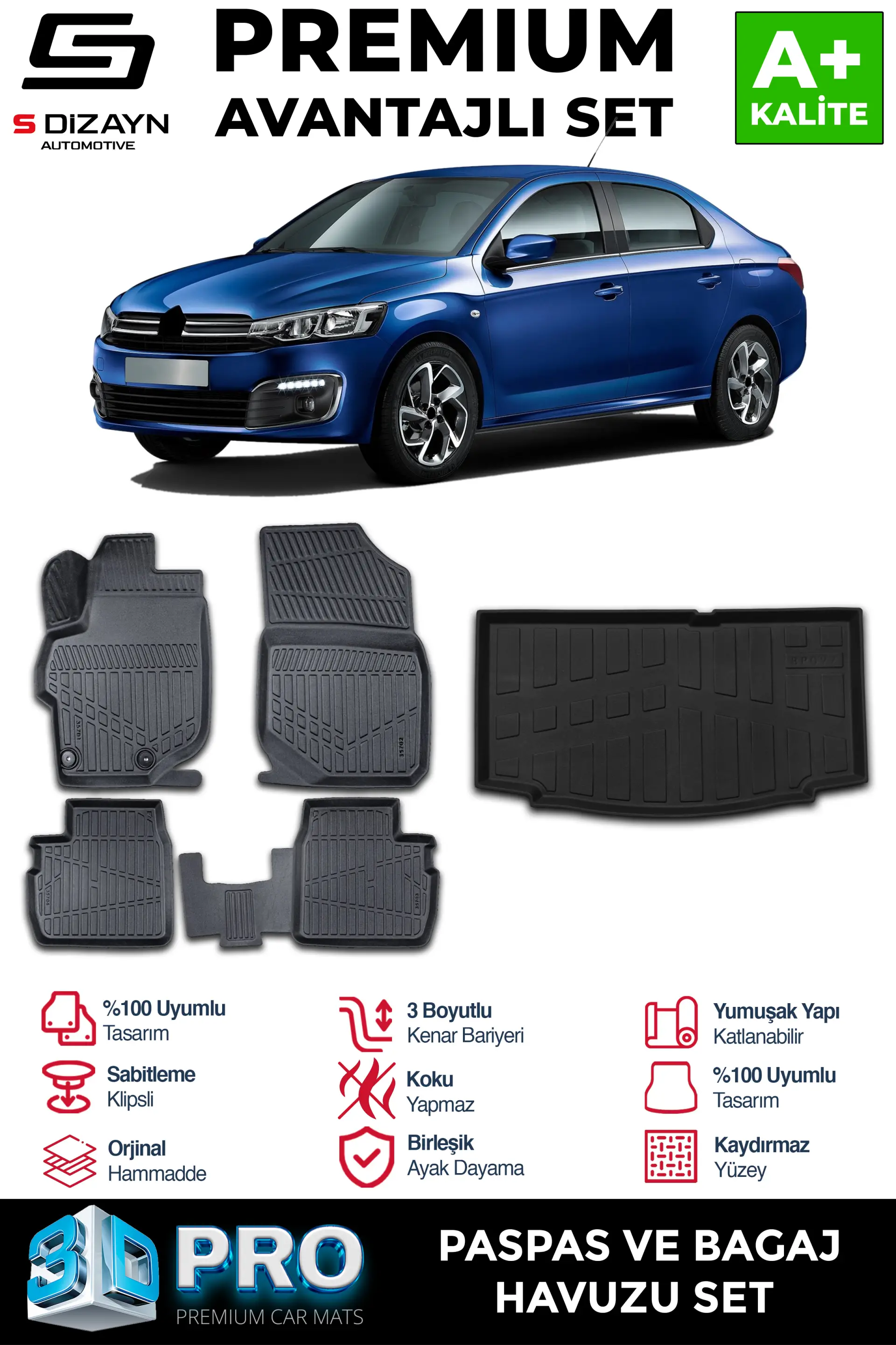 S-Dizayn Citroen C-Elysee 3D Pro Havuzlu Paspas ve Bagaj Havuzu Seti (2'li SET) 2012-2017 A+ Kalite