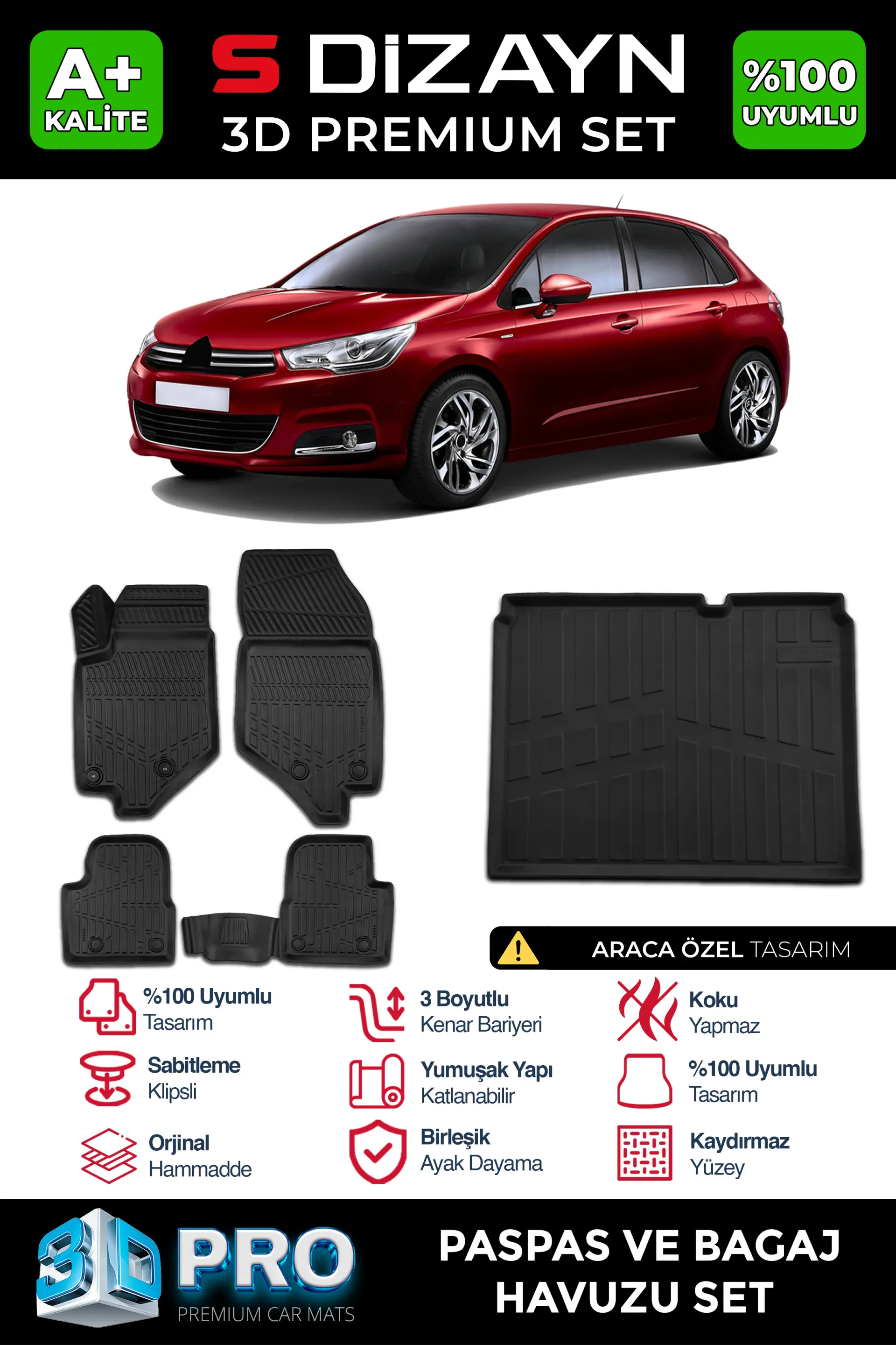 S-Dizayn Citroen C4 3D Pro Havuzlu Paspas ve Bagaj Havuzu Seti (2'li SET) 2010-2018 A+ Kalite