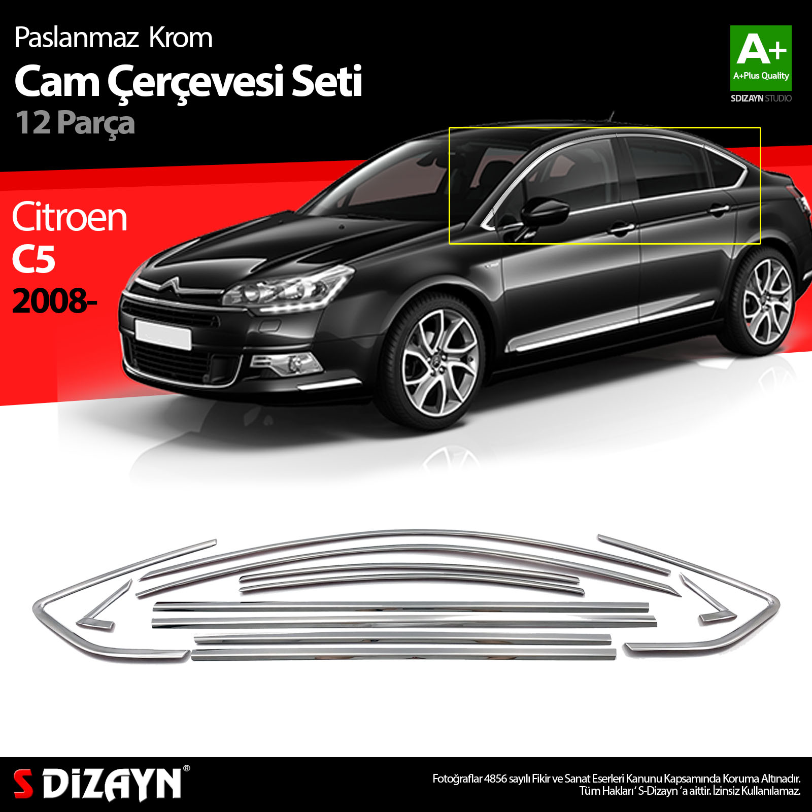 S-Dizayn Citroen C5 Krom Cam Çerçeve Seti 12 Prç 2008-2017 (Bütün-Formlu) A+ Kalite S-Dizayn Citroen C5 Krom Cam Çerçeve Seti 12 Prç 2008-2017 (Bütün-Formlu) A+ Kalite