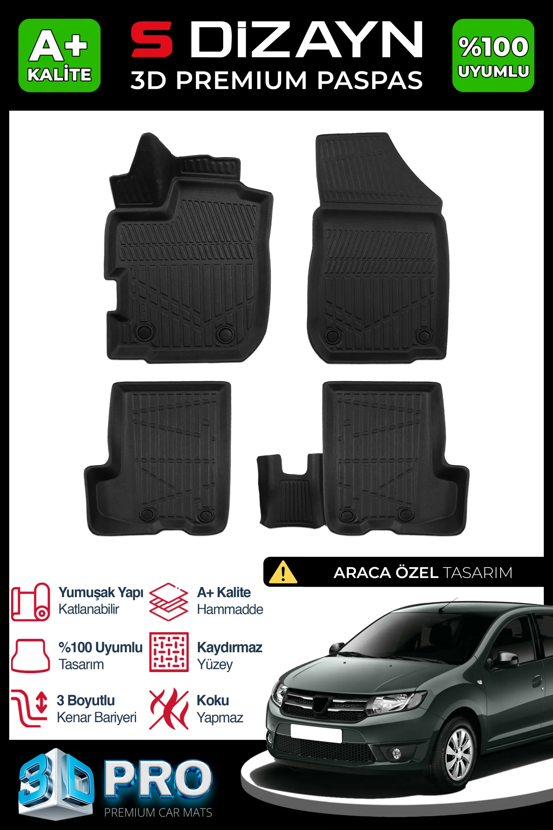 S-Dizayn Dacia Sandero 3D Pro Havuzlu Paspas 2008-2019 A+ Kalite