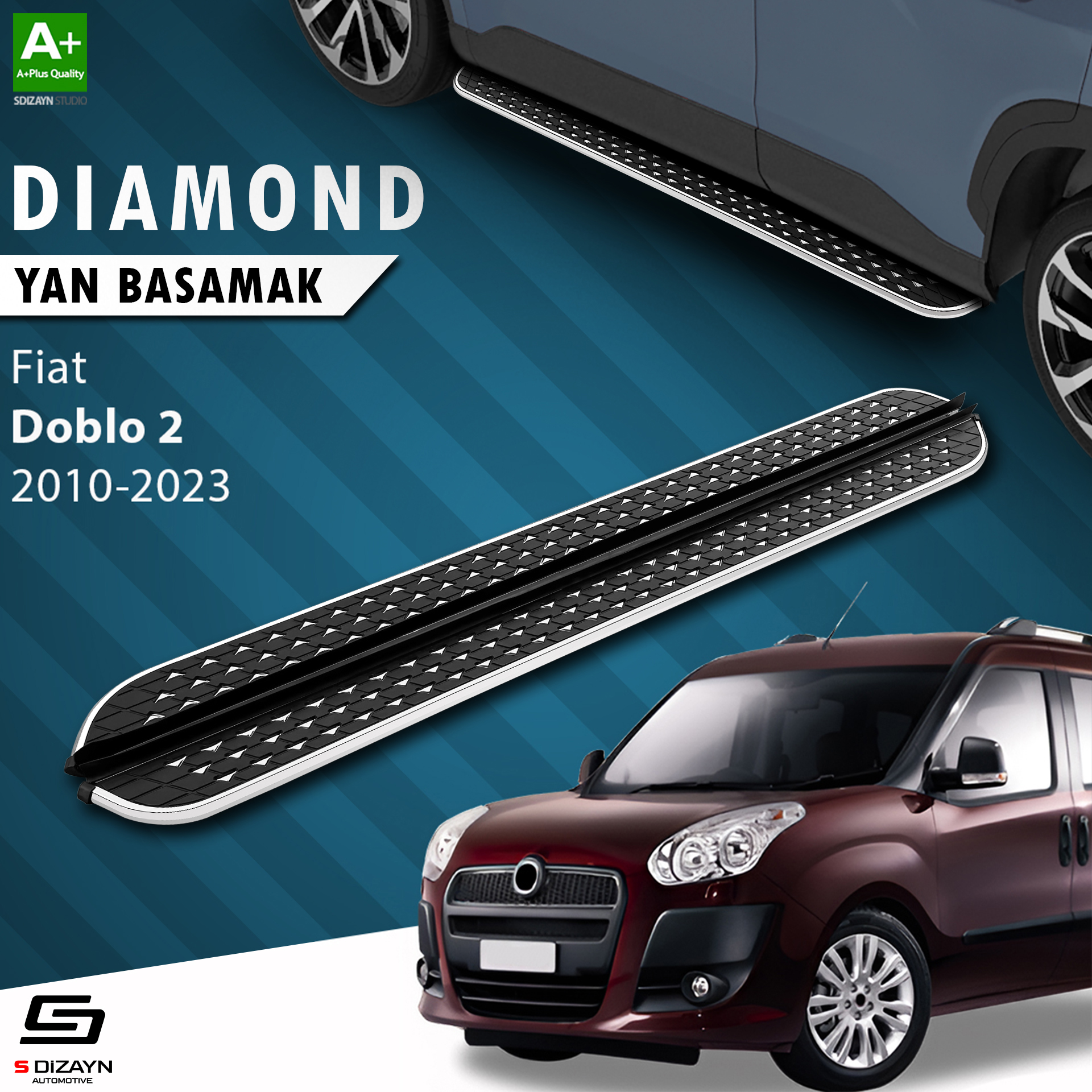 S-Dizayn Fiat Doblo 2 Uzun Şase Diamond Krom Yan Basamak 223 Cm 2010-2023 A+ Kalite S-Dizayn Fiat Doblo 2 Uzun Şase Diamond Krom Yan Basamak 223 Cm 2010-2023 A+ Kalite