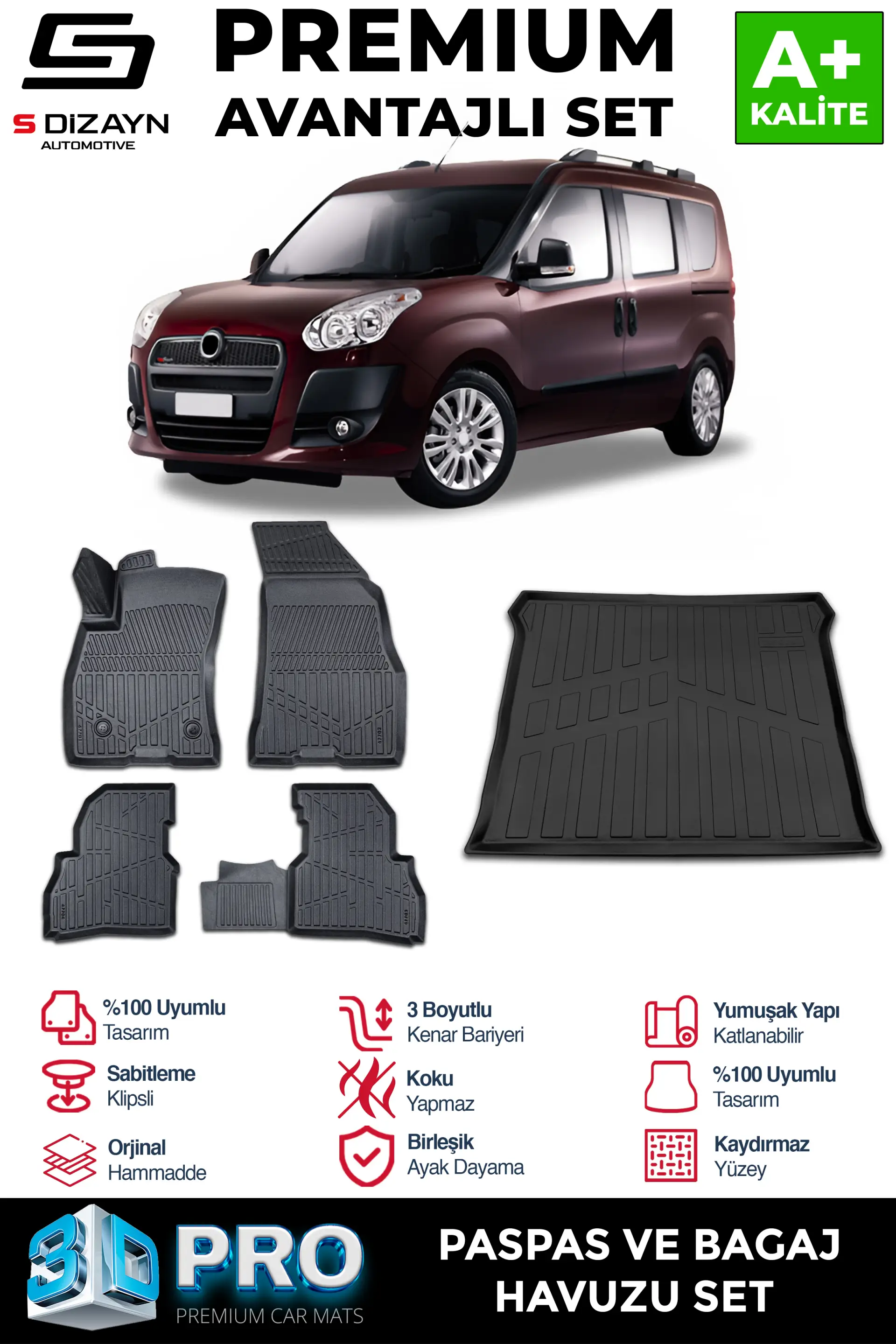 S-Dizayn Fiat Doblo Geniş Aile 3D Pro Havuzlu Paspas ve Bagaj Havuzu Seti (2'li SET) 2010-2022 A+ Kalite