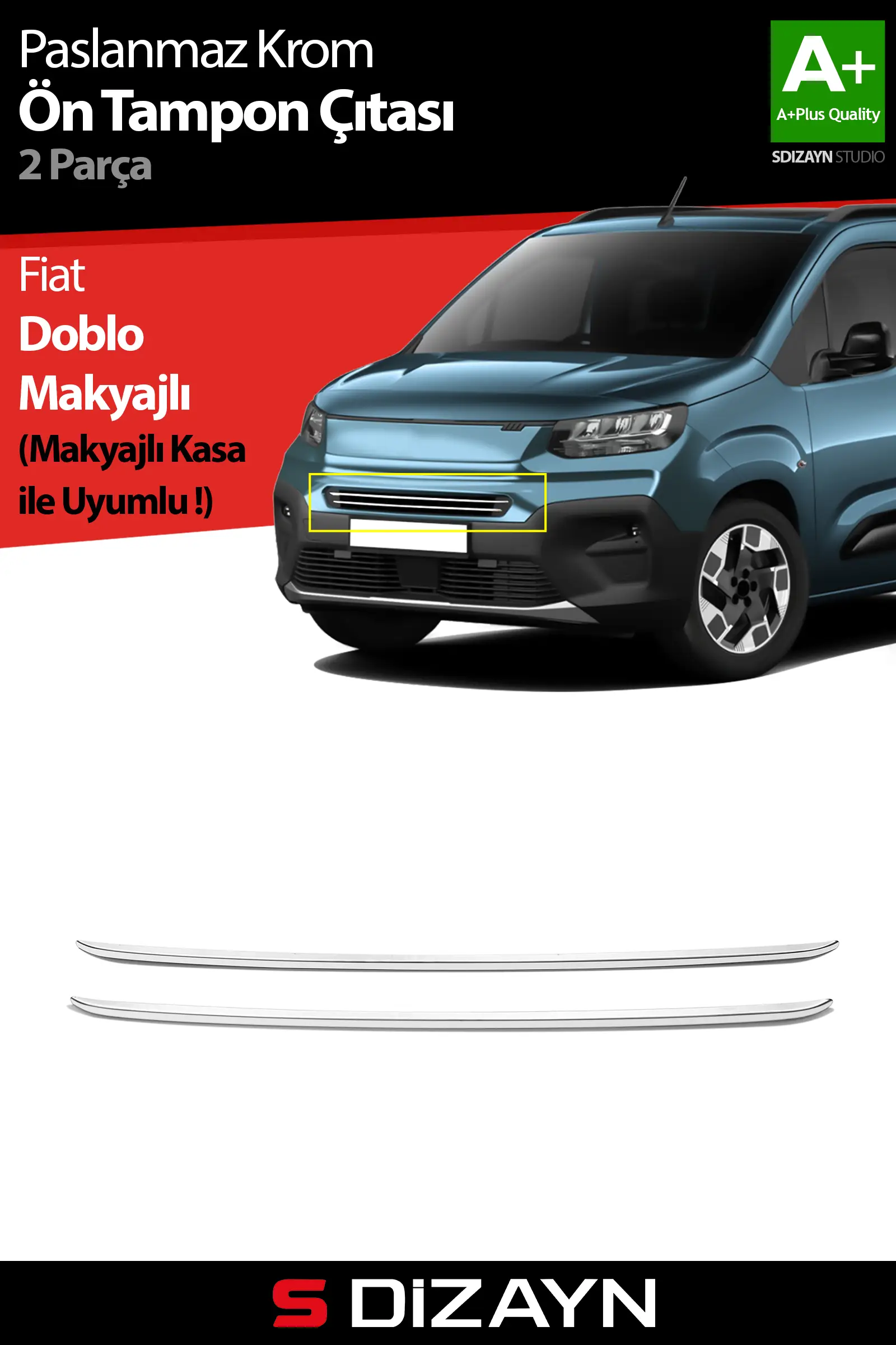 S-Dizayn Fiat Doblo 3 Krom Ön Tampon Çıtası 2 Prç 2023 Üzeri A+ Kalite
