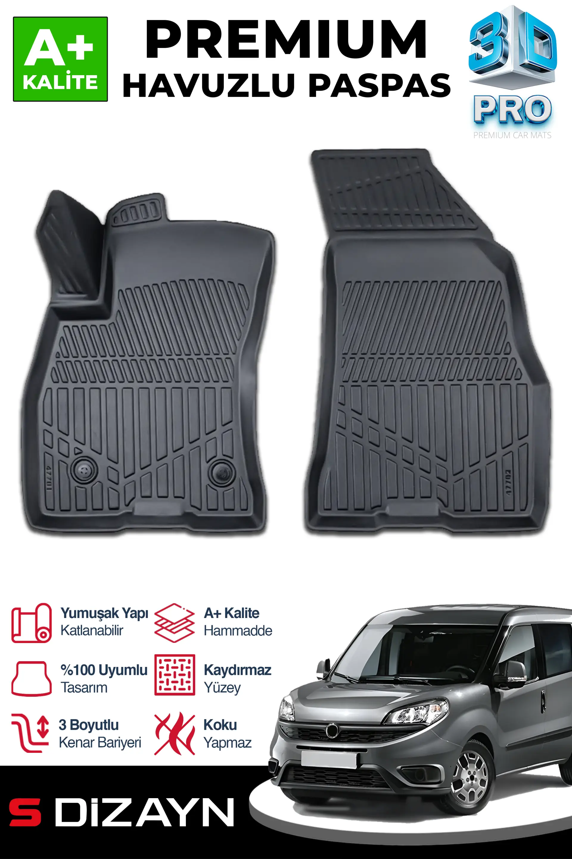 S-Dizayn Fiat Doblo Panelvan 3D Pro Havuzlu Ön 2'li Paspas 2010-2023 A+ Kalite