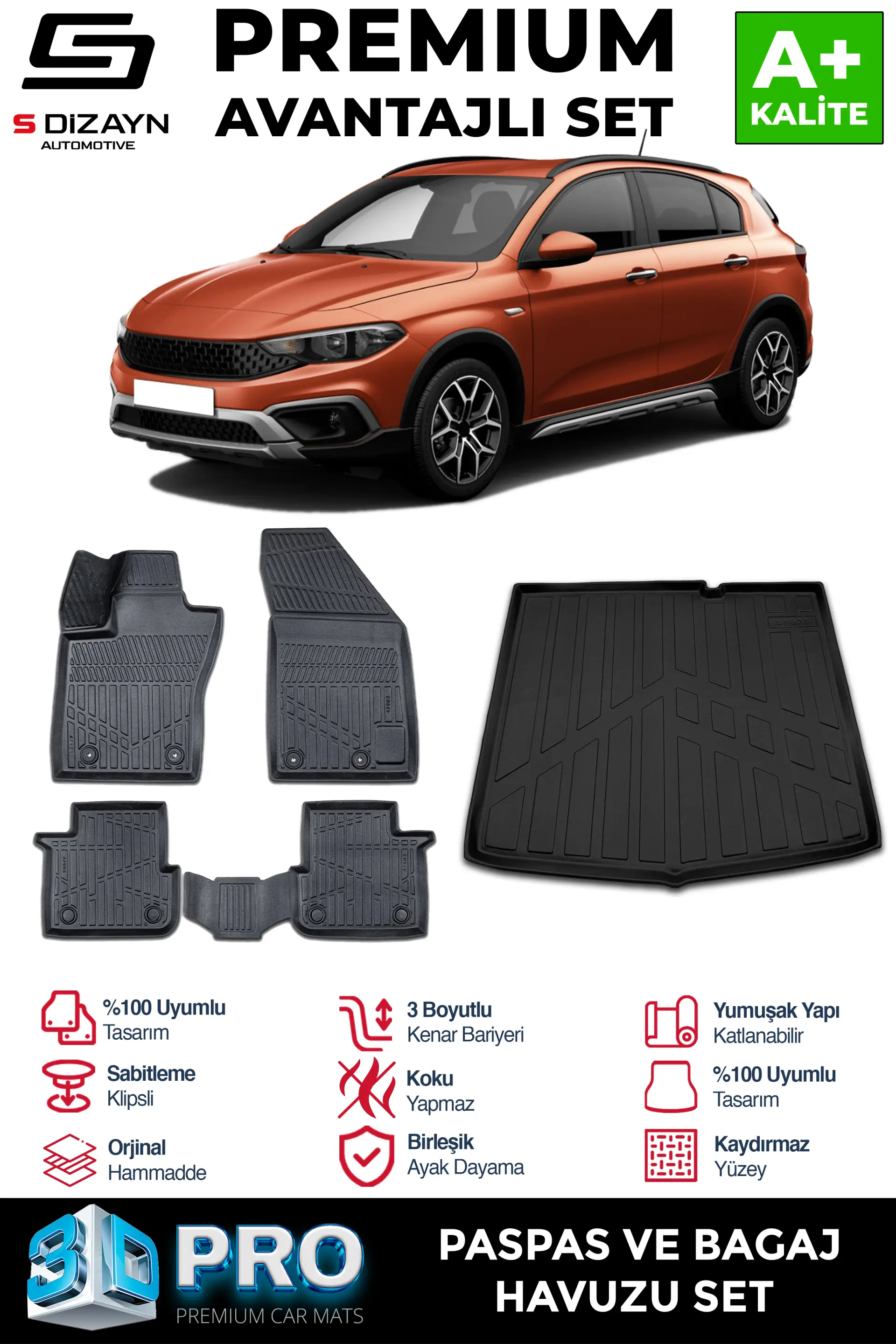 S-Dizayn Fiat Egea Cross 3D Pro Havuzlu Paspas ve Bagaj Havuzu Seti (2'li SET) 2020 Üzeri A+ Kalite