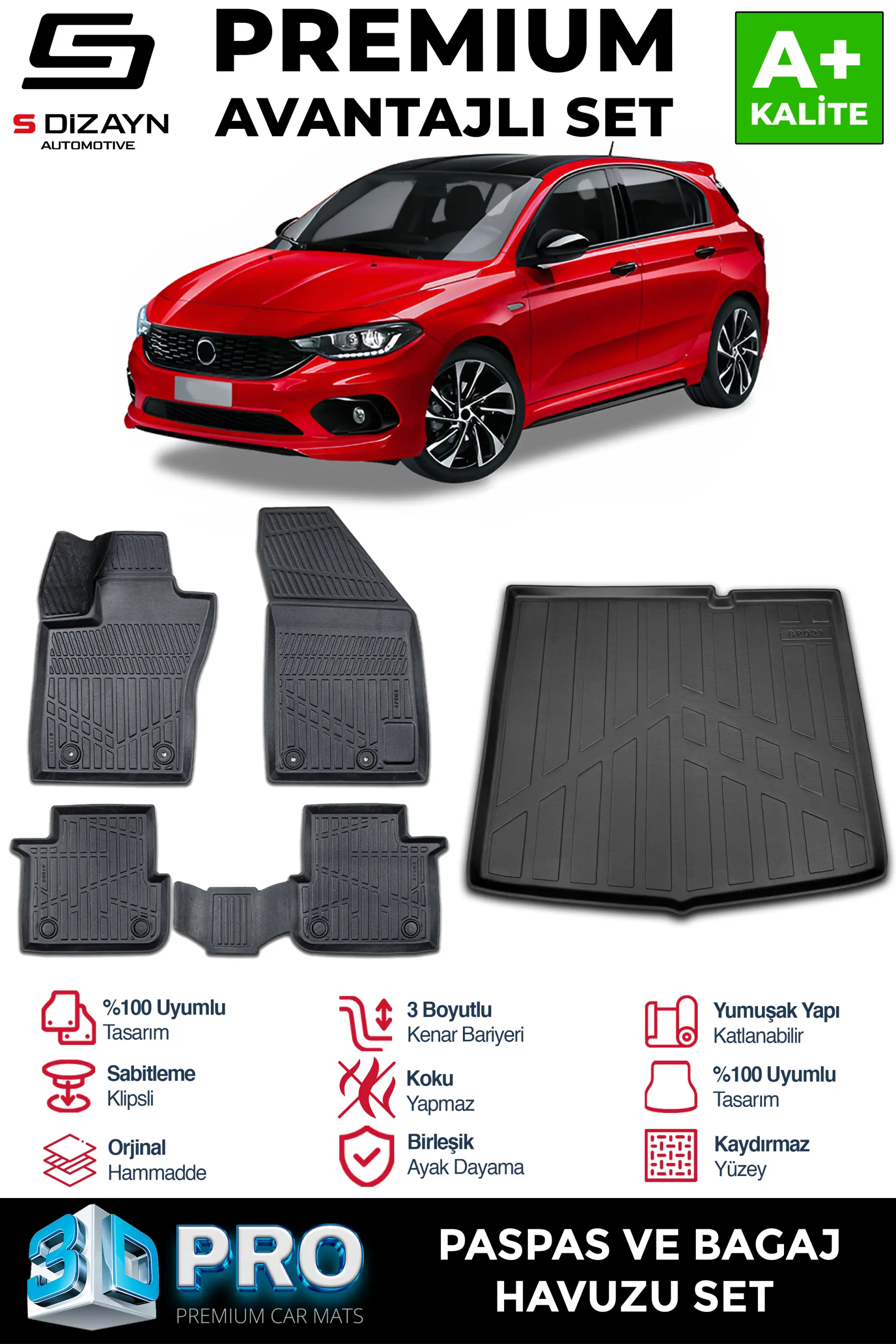 S-Dizayn Fiat Egea HB 3D Pro Havuzlu Paspas ve Bagaj Havuzu Seti (2'li SET) 2015 Üzeri A+ Kalite