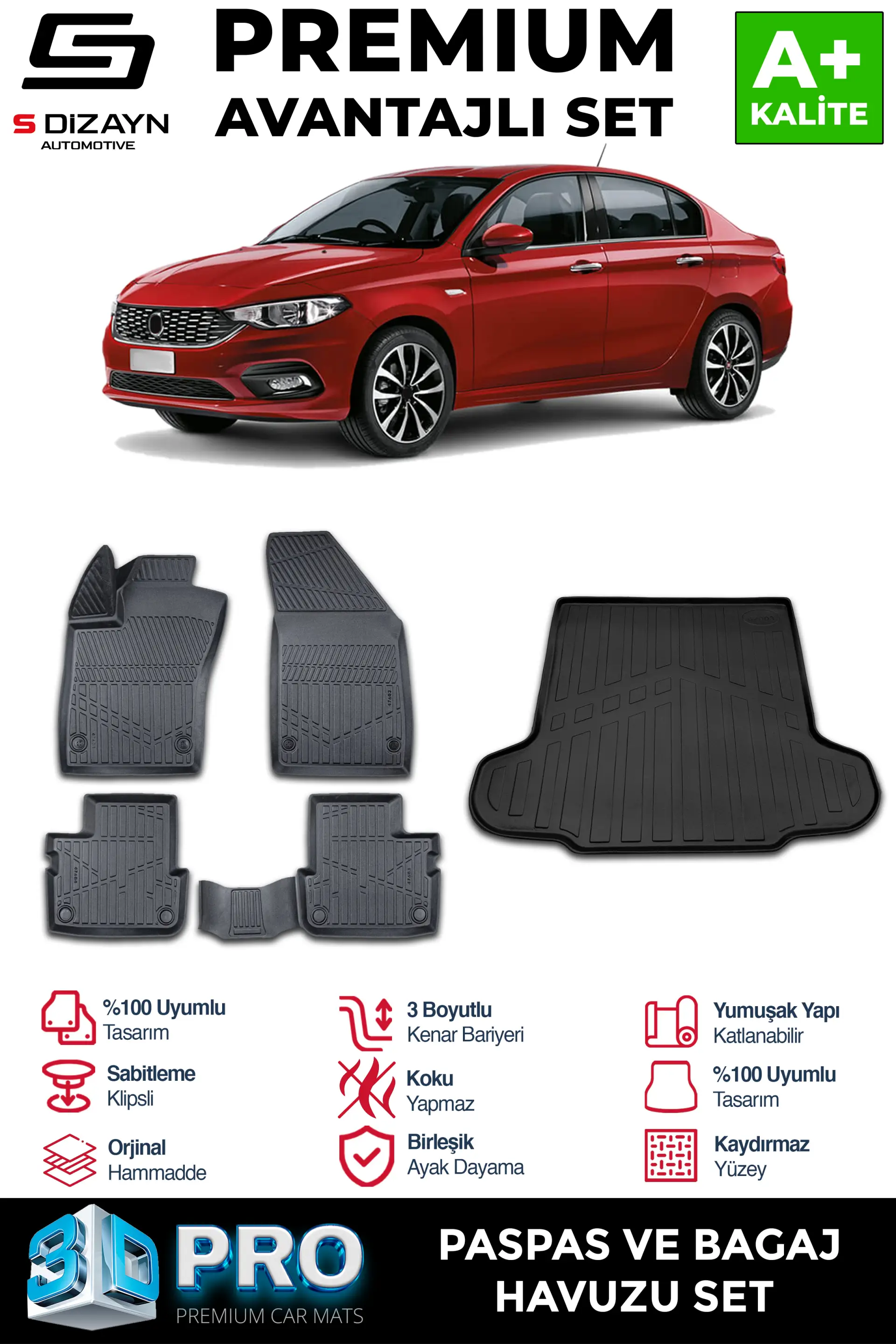 S-Dizayn Fiat Egea Sedan 3D Pro Havuzlu Paspas ve Bagaj Havuzu Seti (2'li SET) 2015 Üzeri A+ Kalite