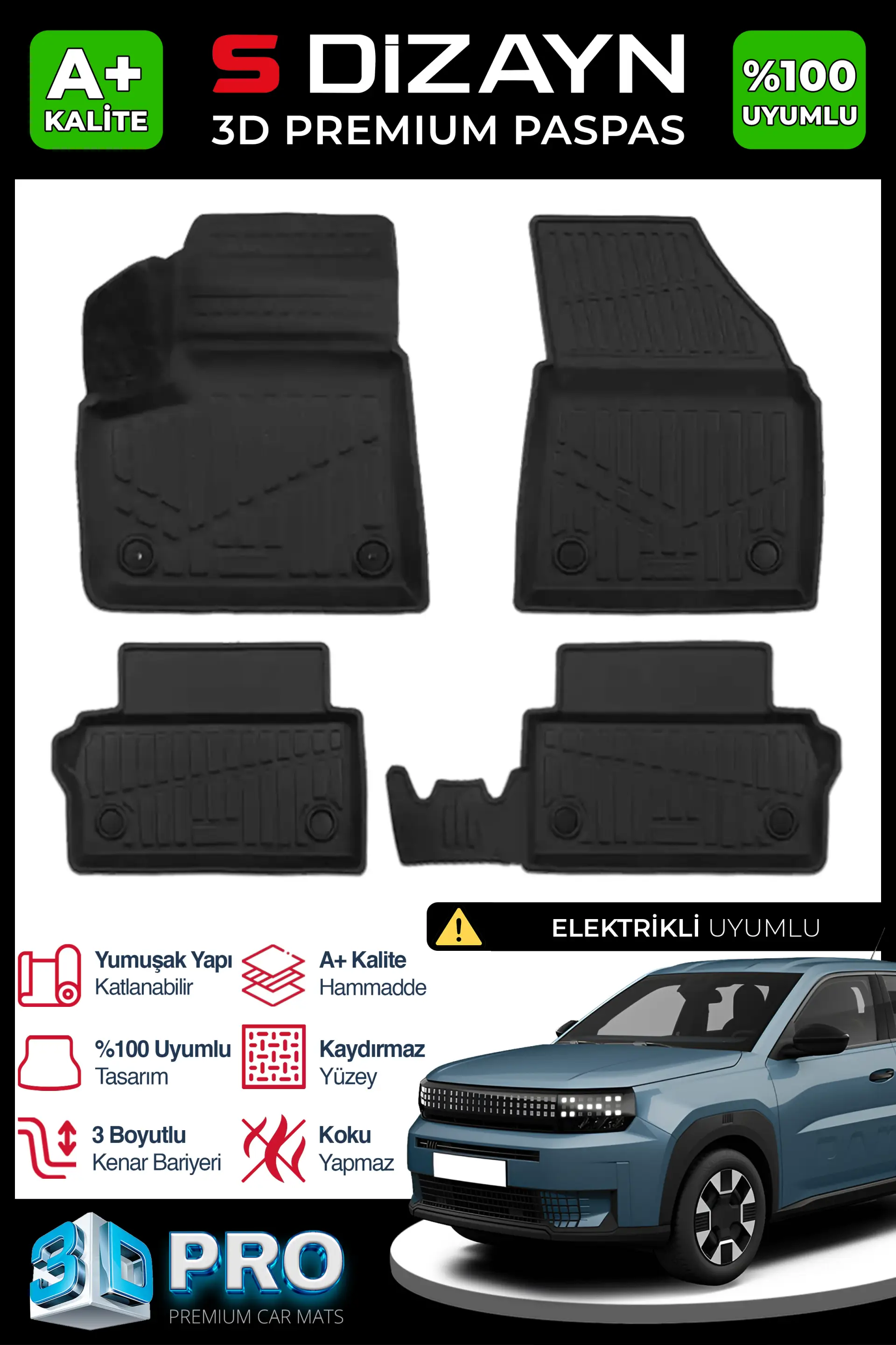 S-Dizayn Fiat Grande Panda Elektrikli 3D Pro Havuzlu Paspas 2025 Üzeri A+ Kalite