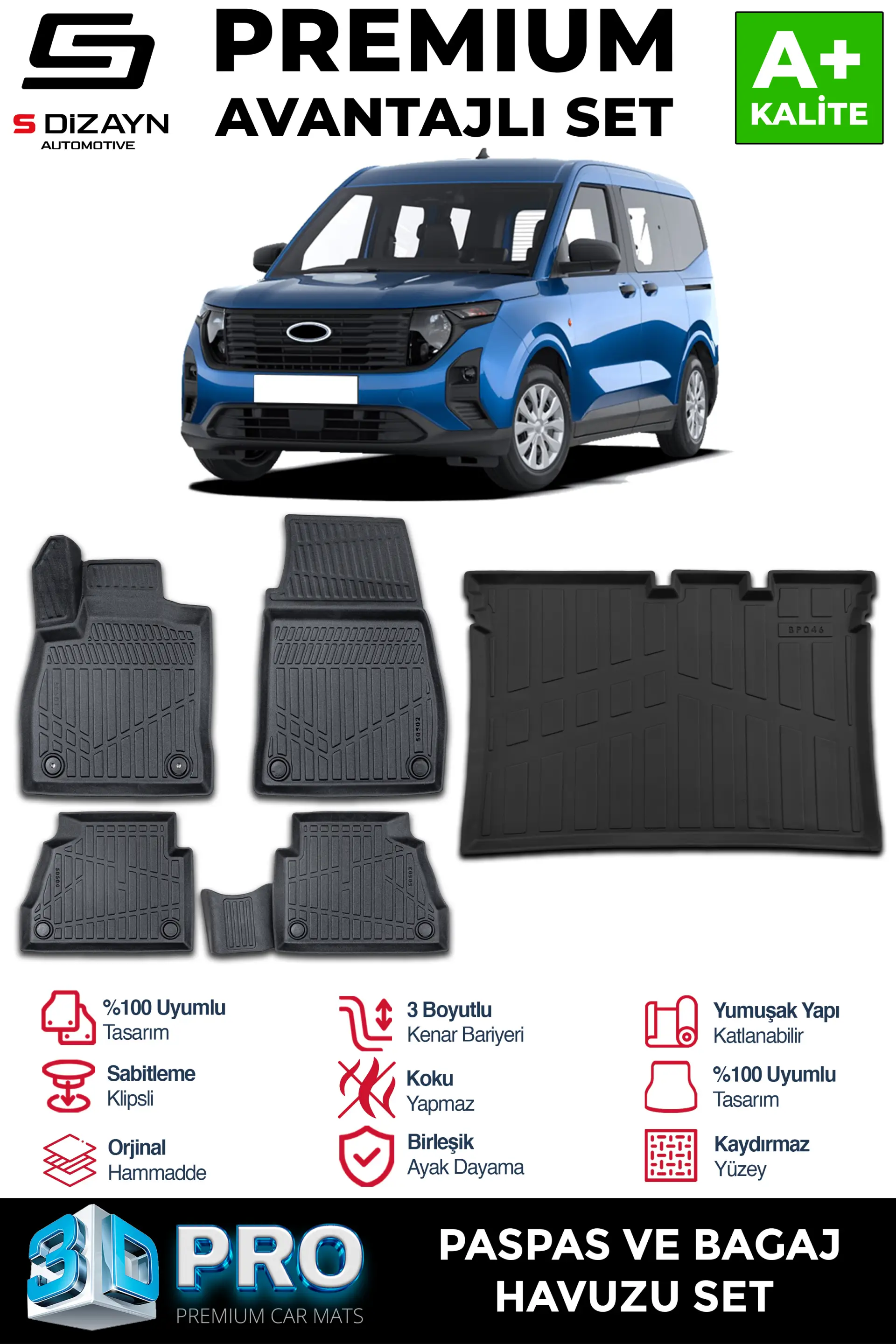 S-Dizayn Ford Courier 3D Pro Havuzlu Paspas ve Bagaj Havuzu Seti (2'li SET) 2023 Üzeri A+ Kalite