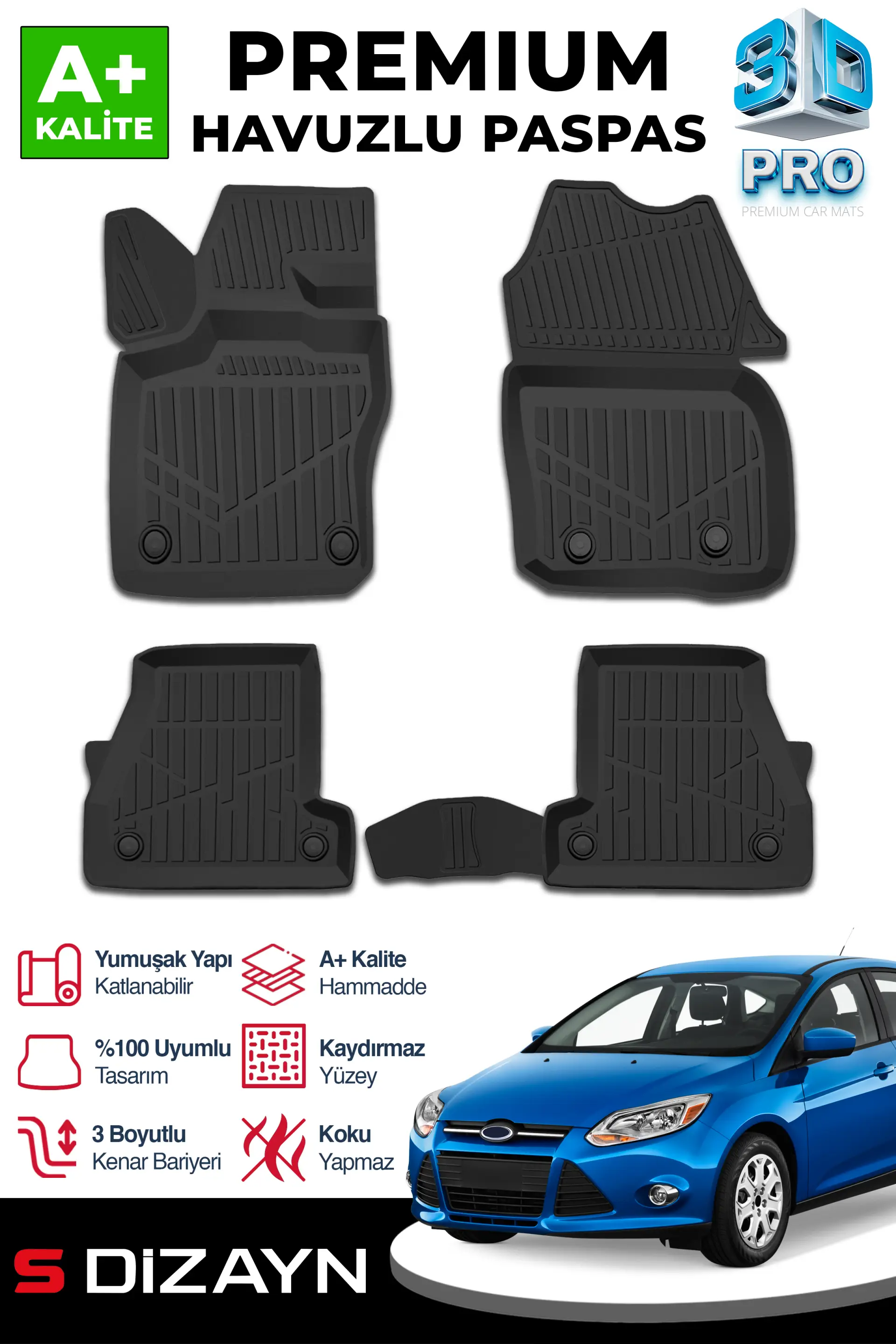 S-Dizayn Ford Focus 3 3D Pro Havuzlu Paspas 2011-2014 A+ Kalite