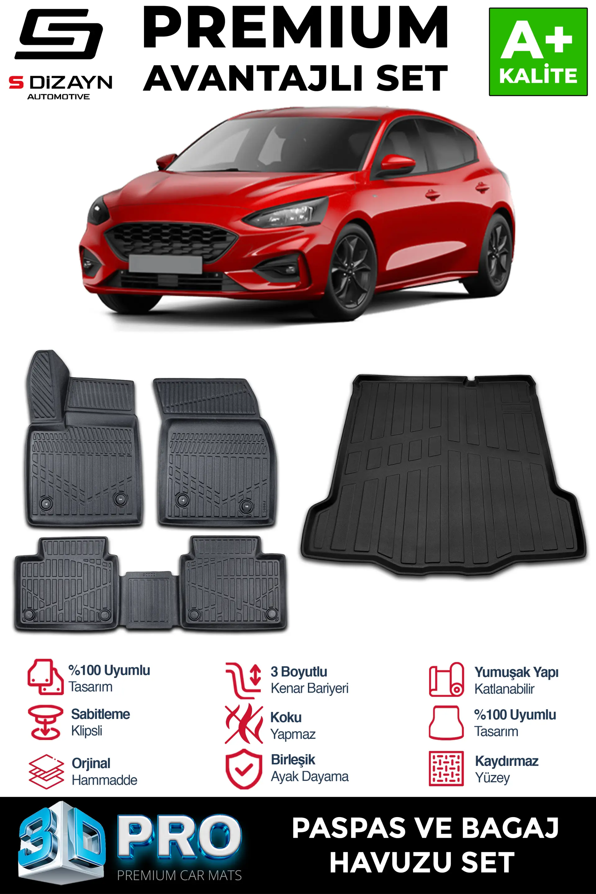 S-Dizayn Ford Focus 4 Sedan 3D Pro Havuzlu Paspas ve Bagaj Havuzu Seti (2'li SET) Tamir Kitli 2019 Üzeri A+ Kalite