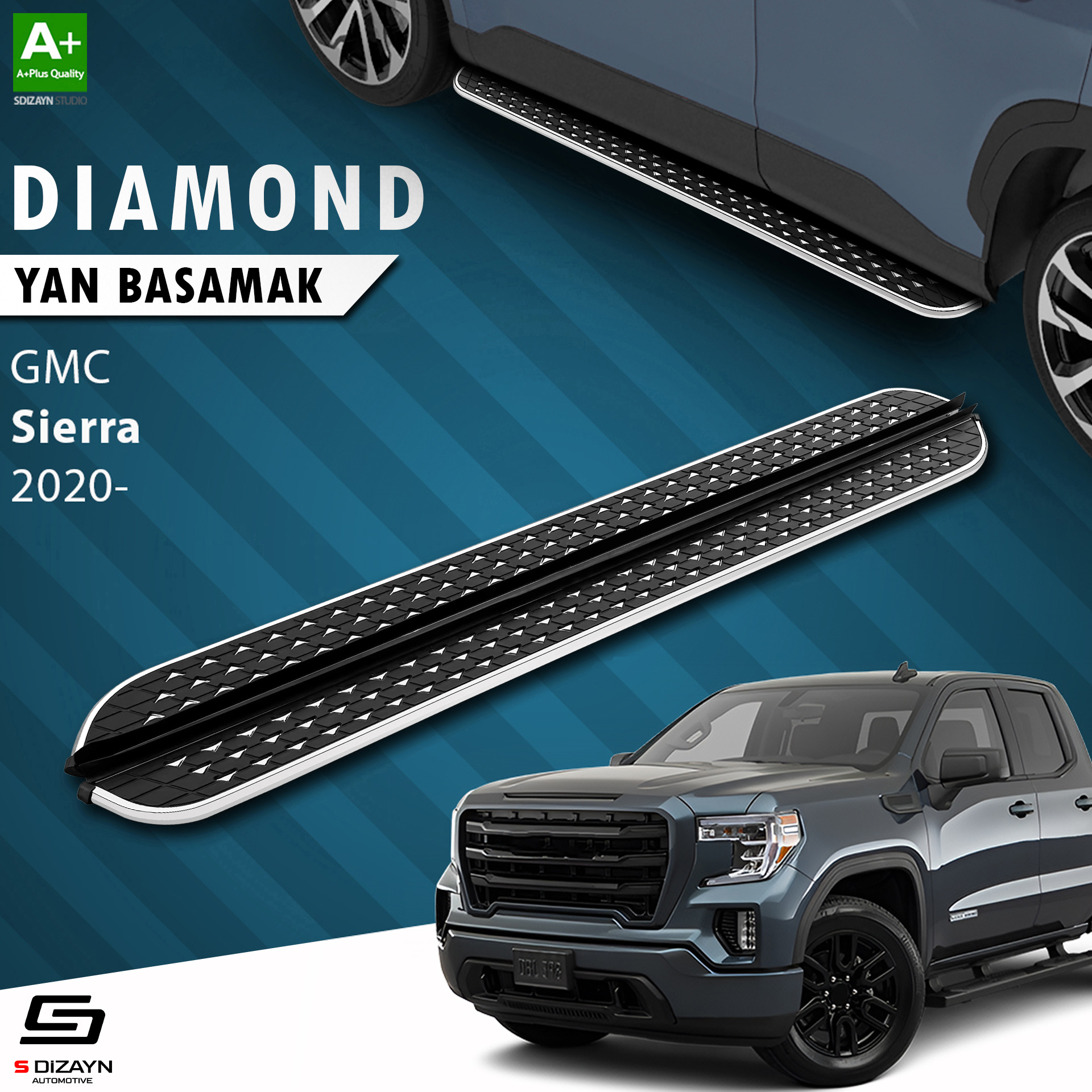 S-Dizayn GMC Sierra 5 Uzun Şase Diamond Krom Yan Basamak 253 Cm 2020 Üzeri A+ Kalite S-Dizayn GMC Sierra 5 Uzun Şase Diamond Krom Yan Basamak 253 Cm 2020 Üzeri A+ Kalite