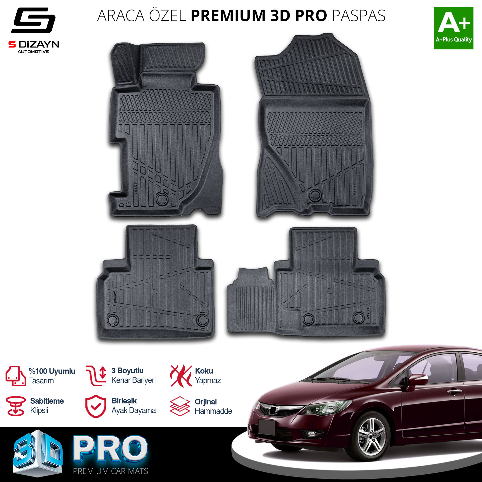 S-Dizayn Honda Civic 3D Pro Havuzlu Paspas 2006-2012 A+ Kalite S-Dizayn Honda Civic 3D Pro Havuzlu Paspas 2006-2012 A+ Kalite