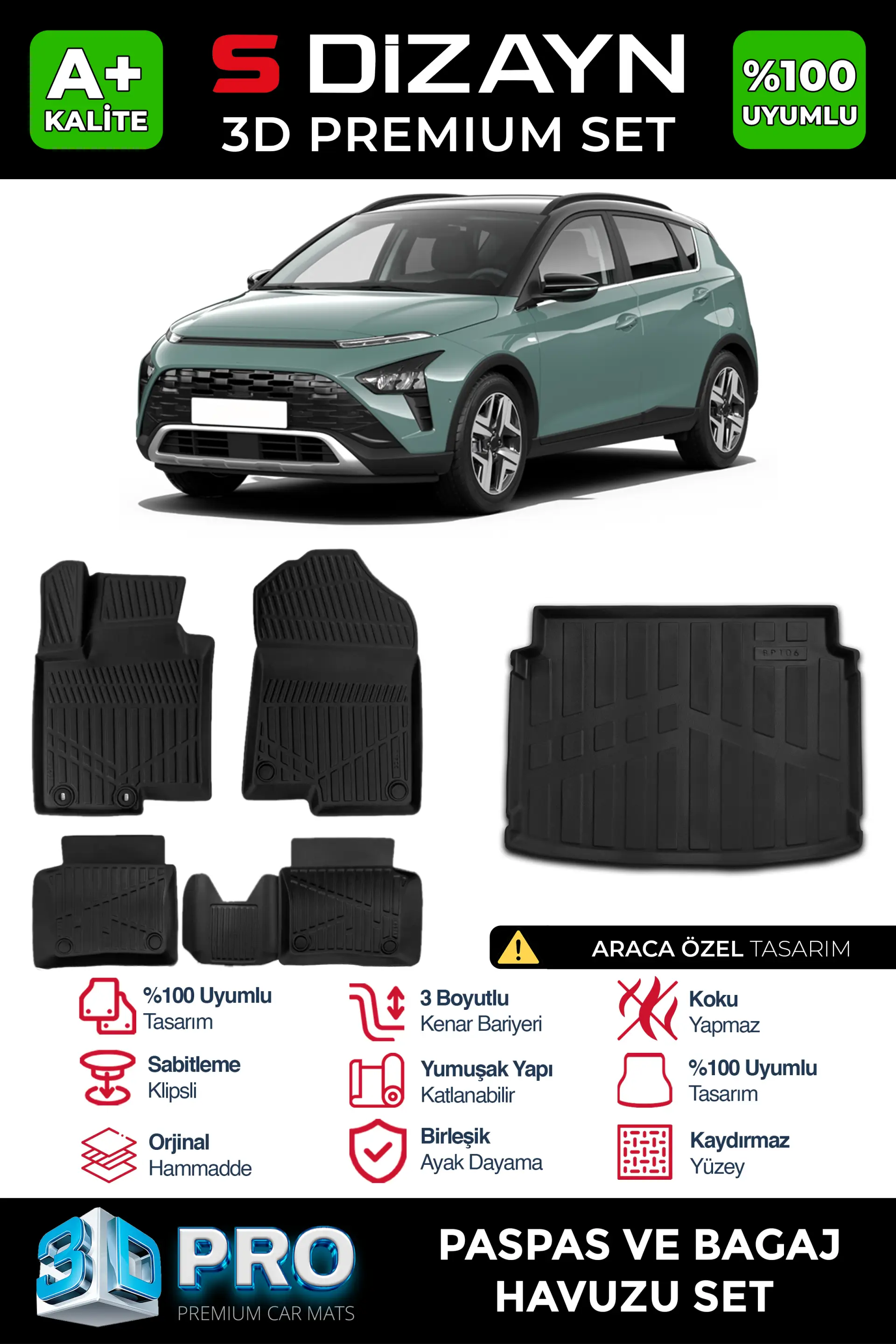 S-Dizayn Hyundai Bayon 3D Pro Havuzlu Paspas ve Bagaj Havuzu Seti (2'li SET) 2021 Üzeri A+ Kalite