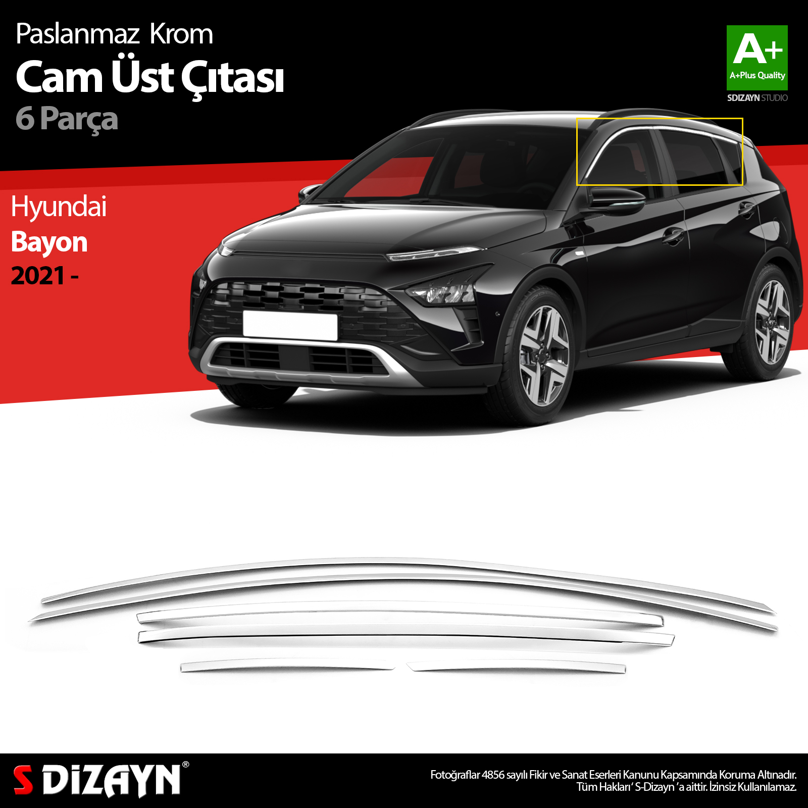 S-Dizayn Hyundai Bayon Krom Cam Üst Çıtası 6 Prç. 2021-2024 S-Dizayn Hyundai Bayon Krom Cam Üst Çıtası 6 Prç. 2021-2024