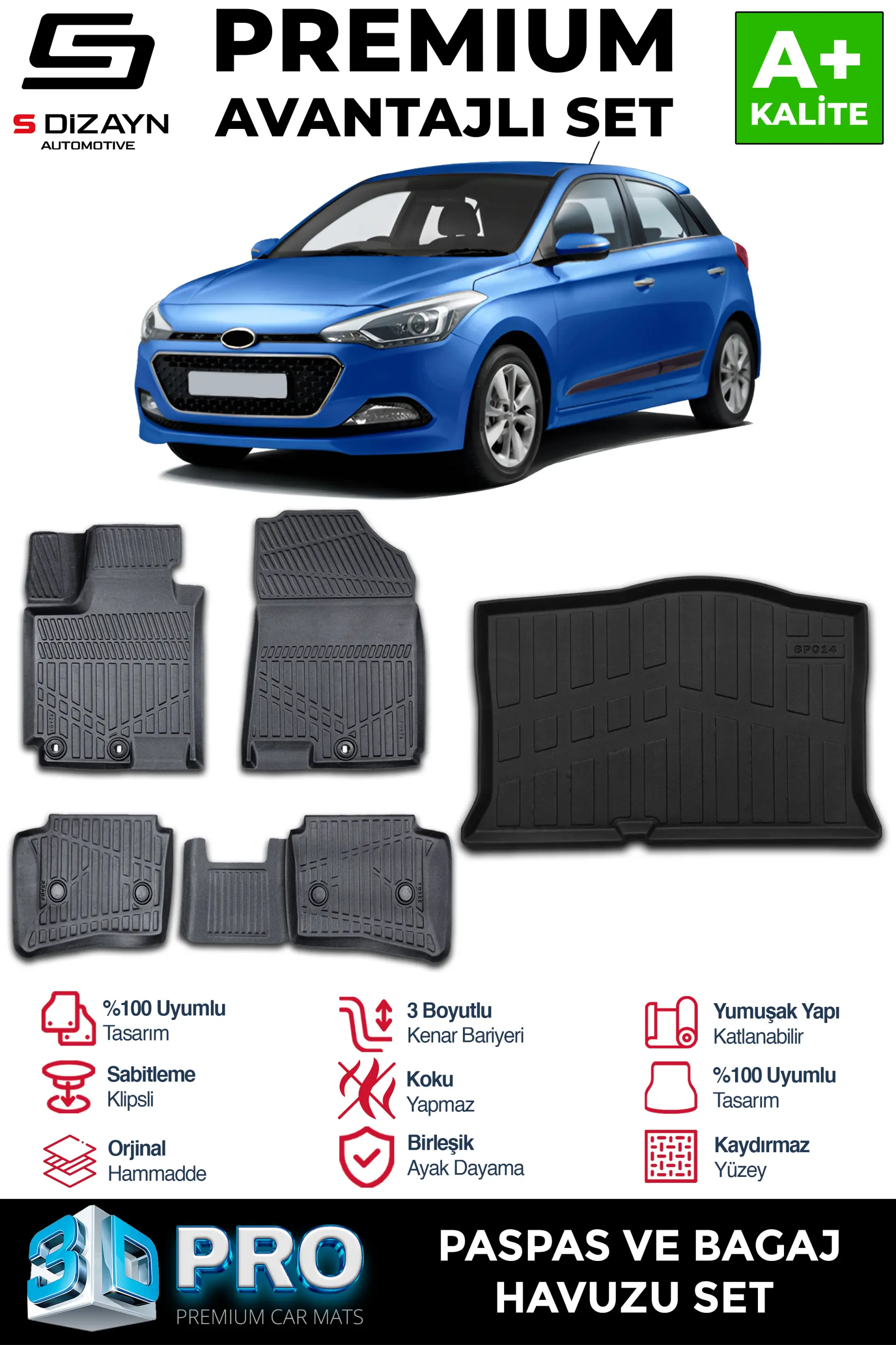 S-Dizayn Hyundai i20 3D Pro Havuzlu Paspas ve Bagaj Havuzu Seti (2'li SET) 2014-2020 A+ Kalite