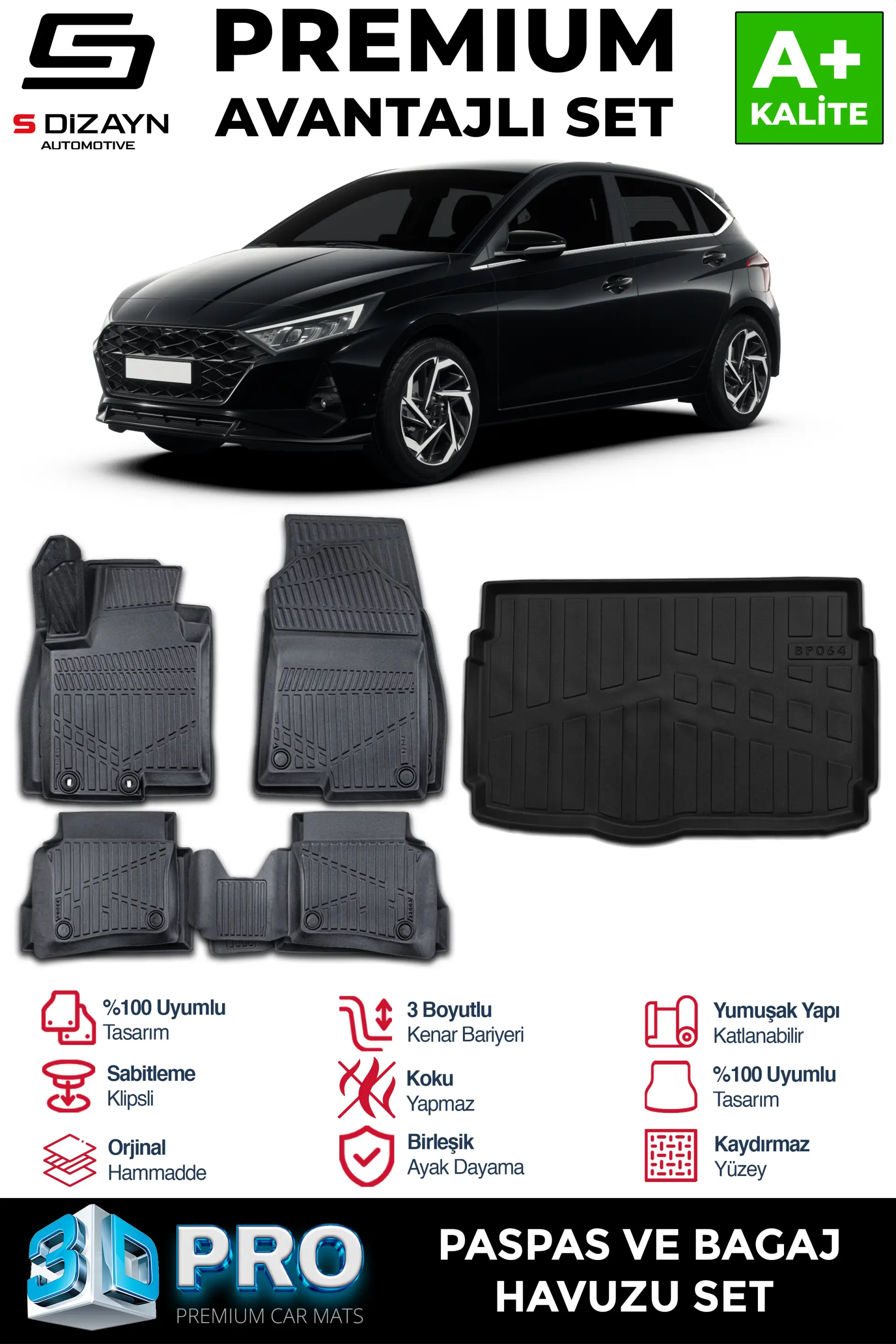 S-Dizayn Hyundai i20 3D Pro Havuzlu Paspas ve Bagaj Havuzu Seti (2'li SET) 2020 Üzeri A+ Kalite