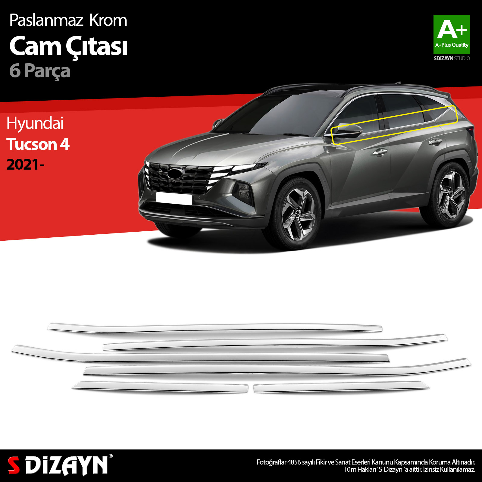 S-Dizayn Hyundai Tucson 4 Krom Cam Çıtası 6 Prç. 2021-2024 S-Dizayn Hyundai Tucson 4 Krom Cam Çıtası 6 Prç. 2021-2024