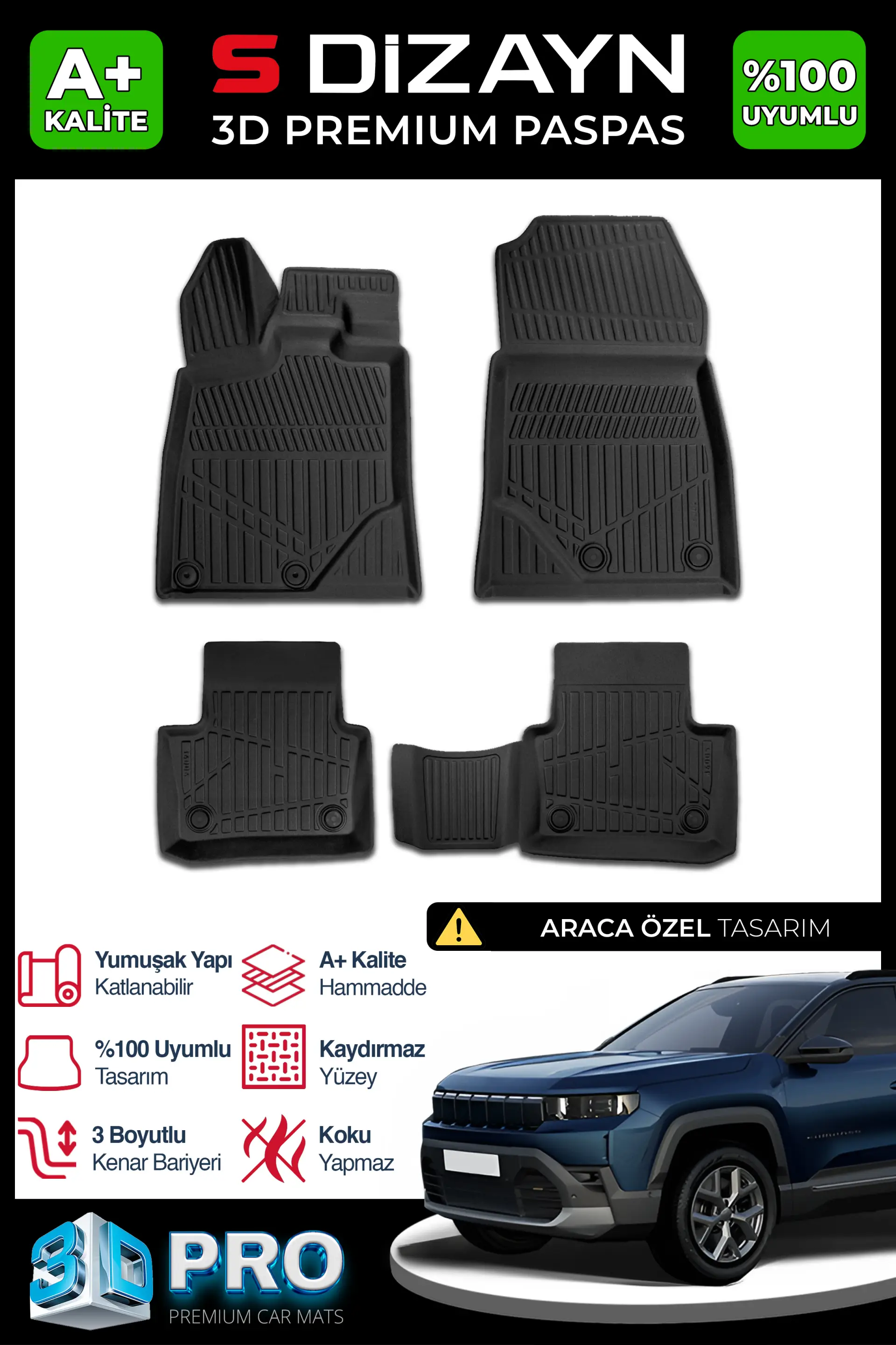 S-Dizayn Jeep Compass 3D Pro Havuzlu Paspas 2026 Üzeri A+ Kalite