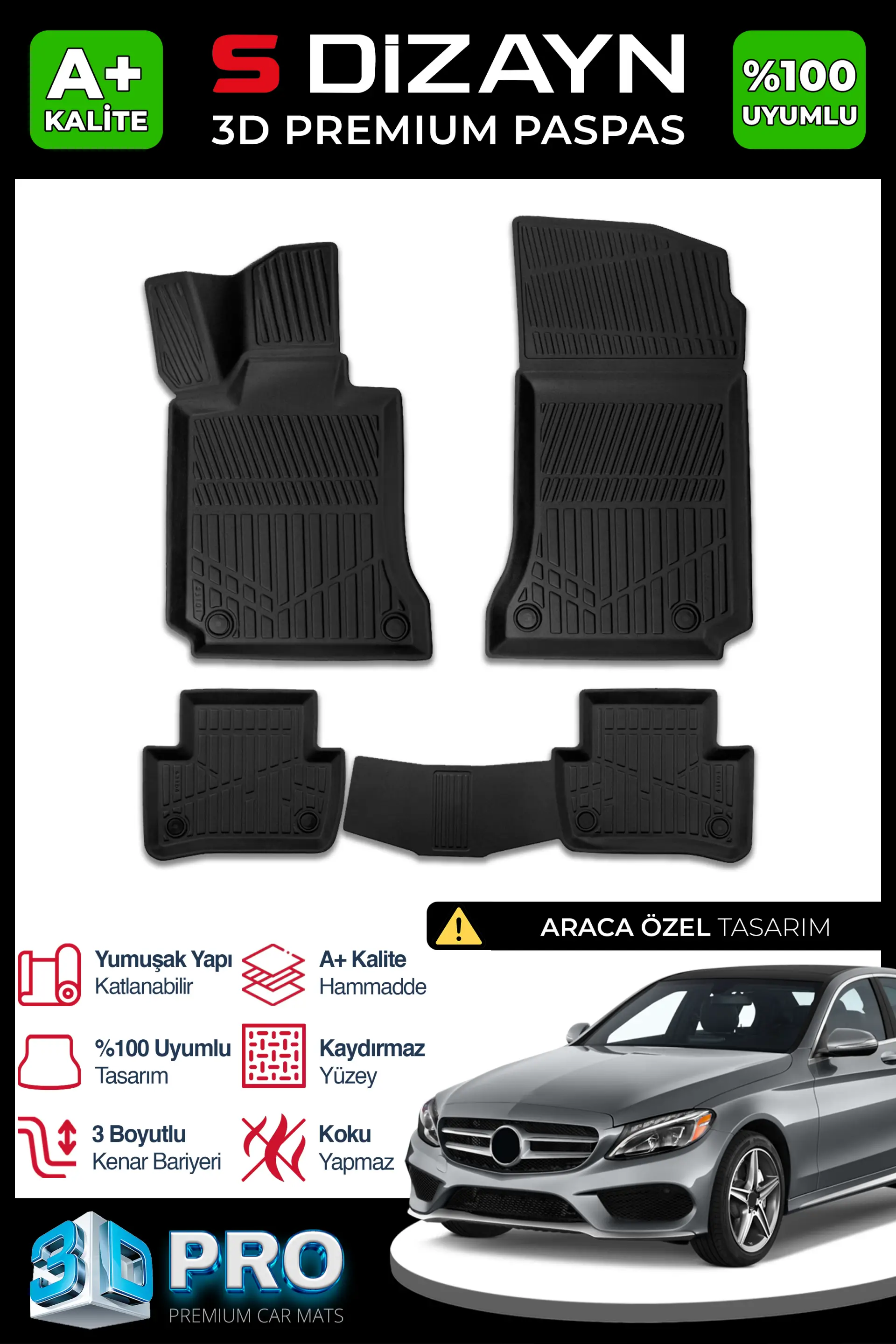 S-Dizayn Mercedes C Serisi W205 3D Pro Havuzlu Paspas ve Bagaj Havuzu Seti (2'li SET) 2014-2020 A+ Kalite
