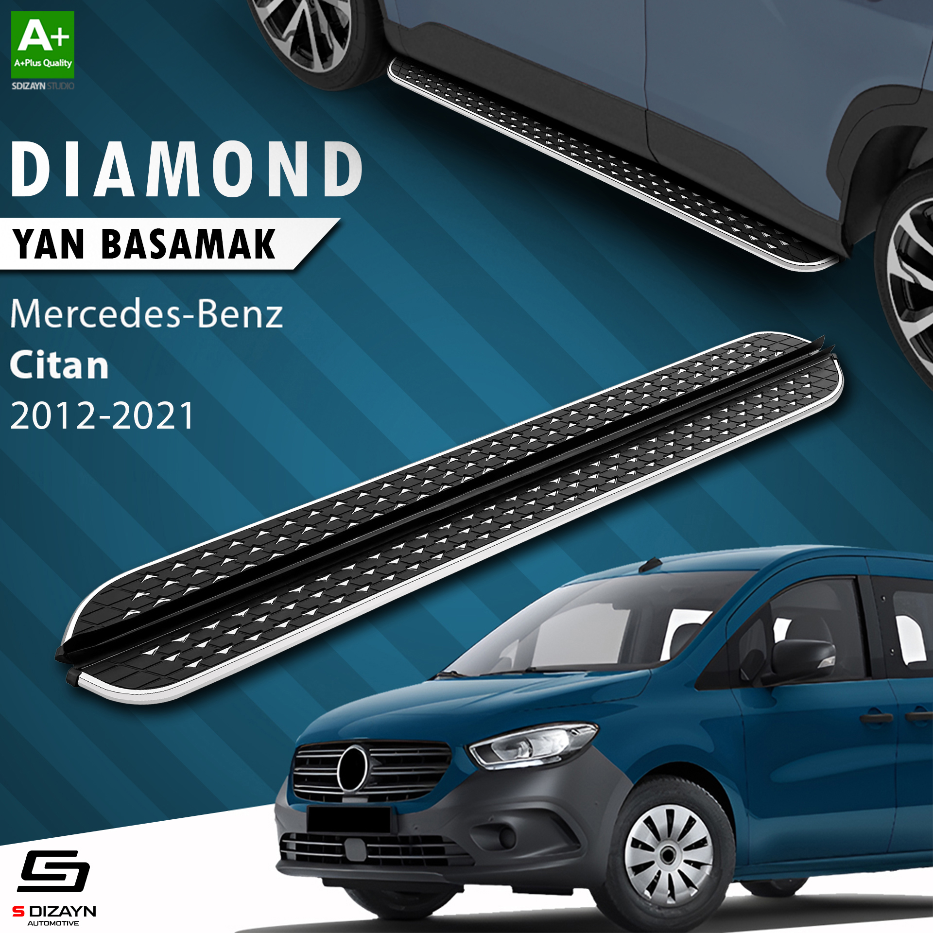 S-Dizayn Citan Uzun Şase Diamond Krom Yan Basamak 223 Cm 2012-2021 A+ Kalite S-Dizayn Citan Uzun Şase Diamond Krom Yan Basamak 223 Cm 2012-2021 A+ Kalite
