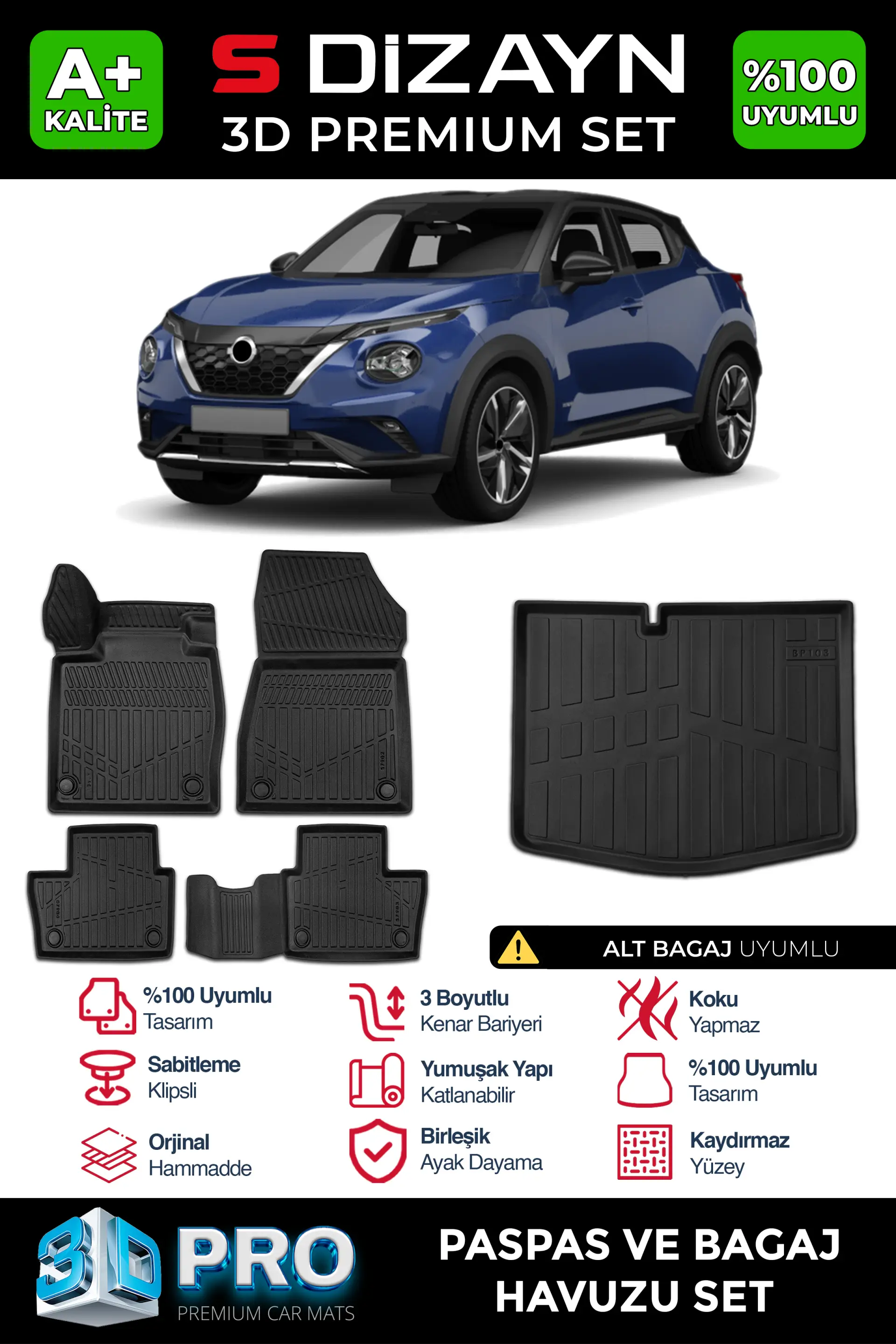 S-Dizayn Nissan Juke 3D Pro Havuzlu Paspas ve Alt Bagaj Havuzu Seti (2'li SET) 2019 Üzeri A+ Kalite