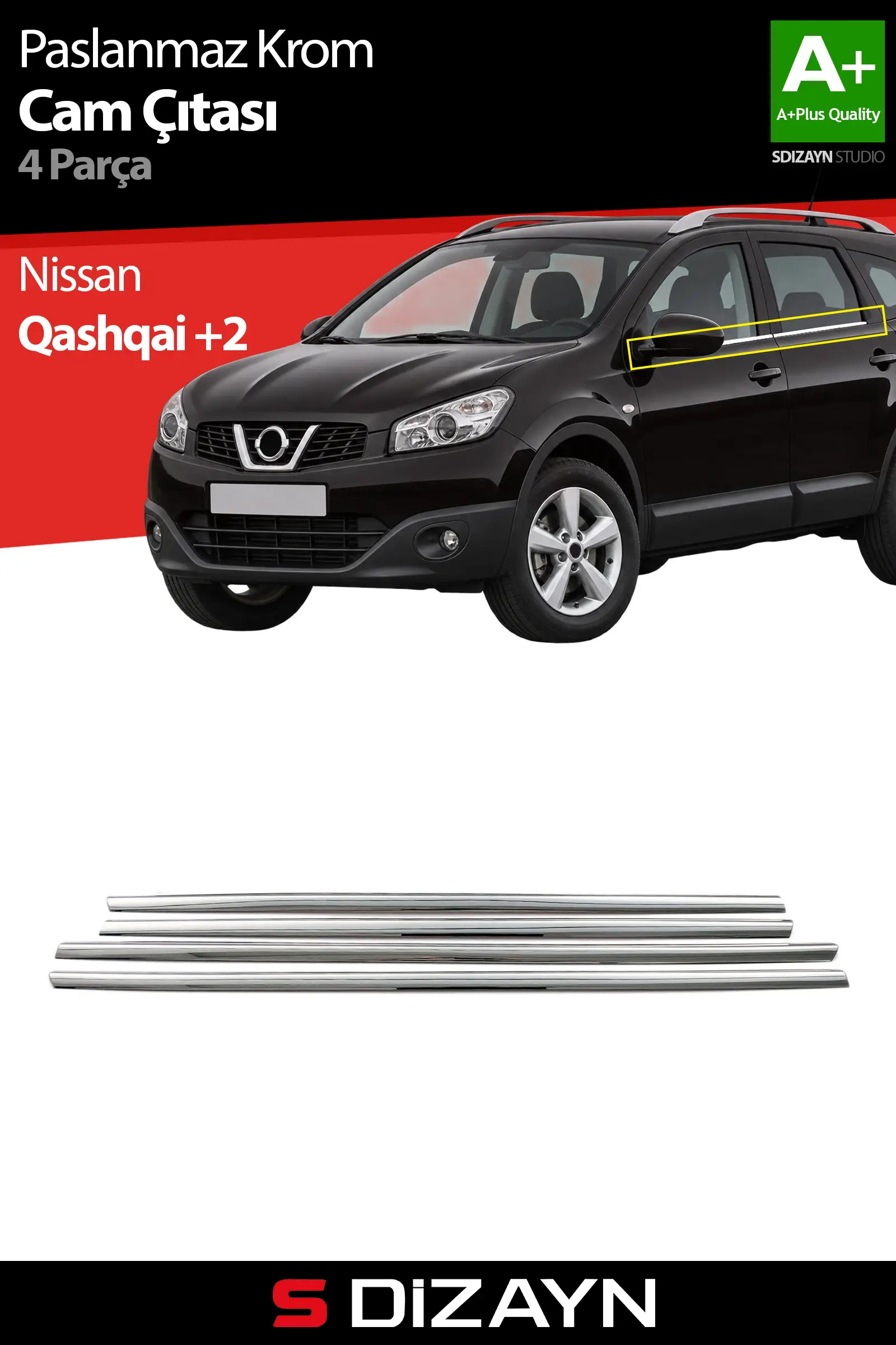 S-Dizayn Nissan Qashqai +2 Krom Cam Çıtası 4 Prç 2010-2014