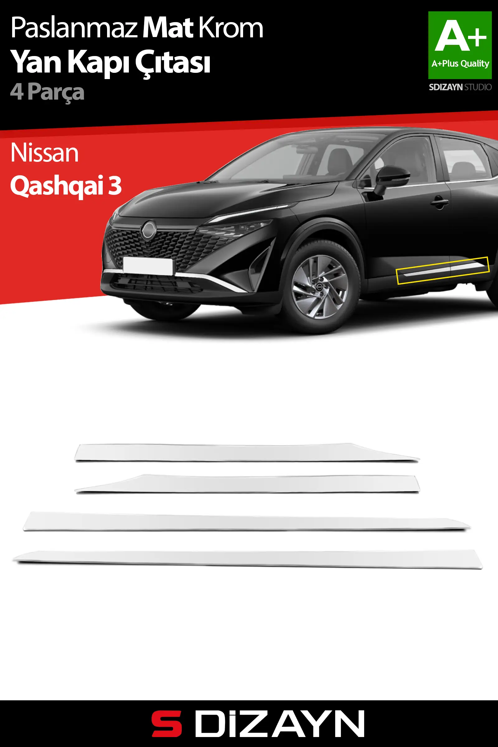 S-Dizayn Nissan Qashqai Krom Yan Kapı Çıtası 4 Prç 2021 Üzeri (Mat Krom)