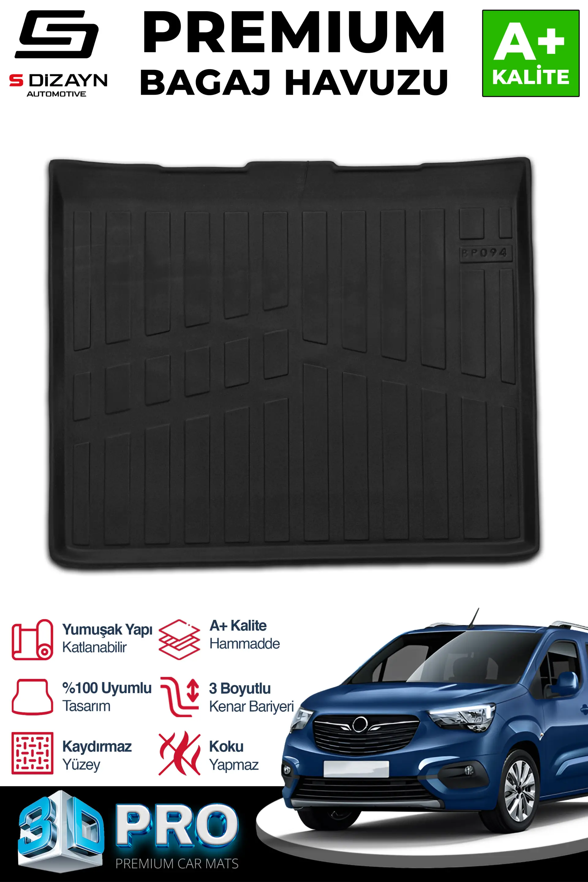 S-Dizayn Opel Combo E Seperatörsüz 3D Pro Bagaj Havuzu 2019 Üzeri A+ Kalite