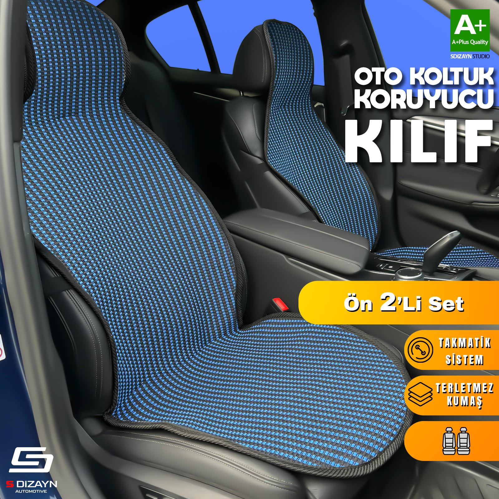 S-Dizayn Oto Koltuk Koruyucu Kılıf Çizgili Siyah Mavi Universal 2 Parça Ön A+ Kalite S-Dizayn Oto Koltuk Koruyucu Kılıf Çizgili Siyah Mavi Universal 2 Parça Ön A+ Kalite