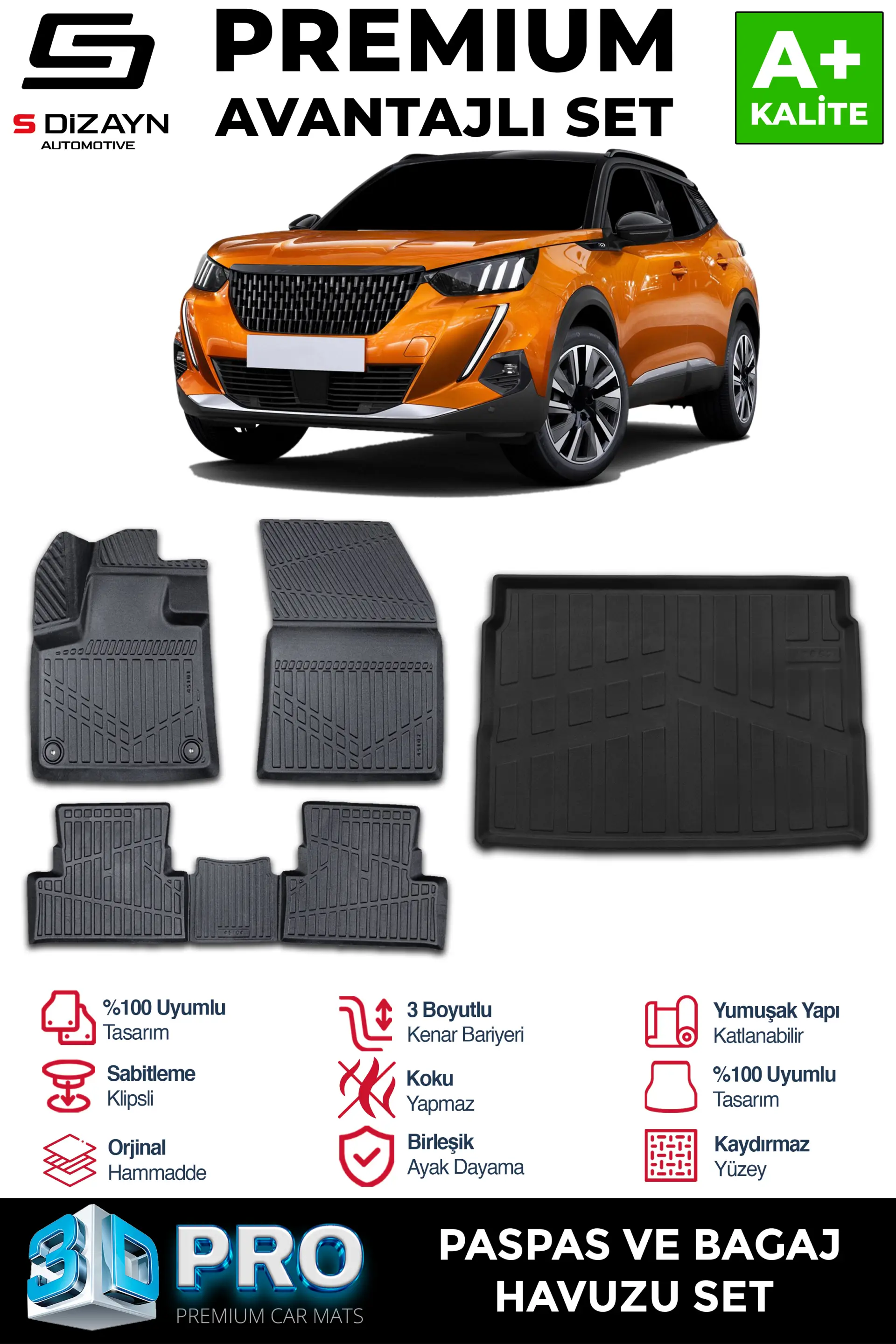 S-Dizayn Peugeot 2008 3D Pro Havuzlu Paspas ve Üst Bagaj Havuzu Seti (2'li SET) 2019 Üzeri A+ Kalite