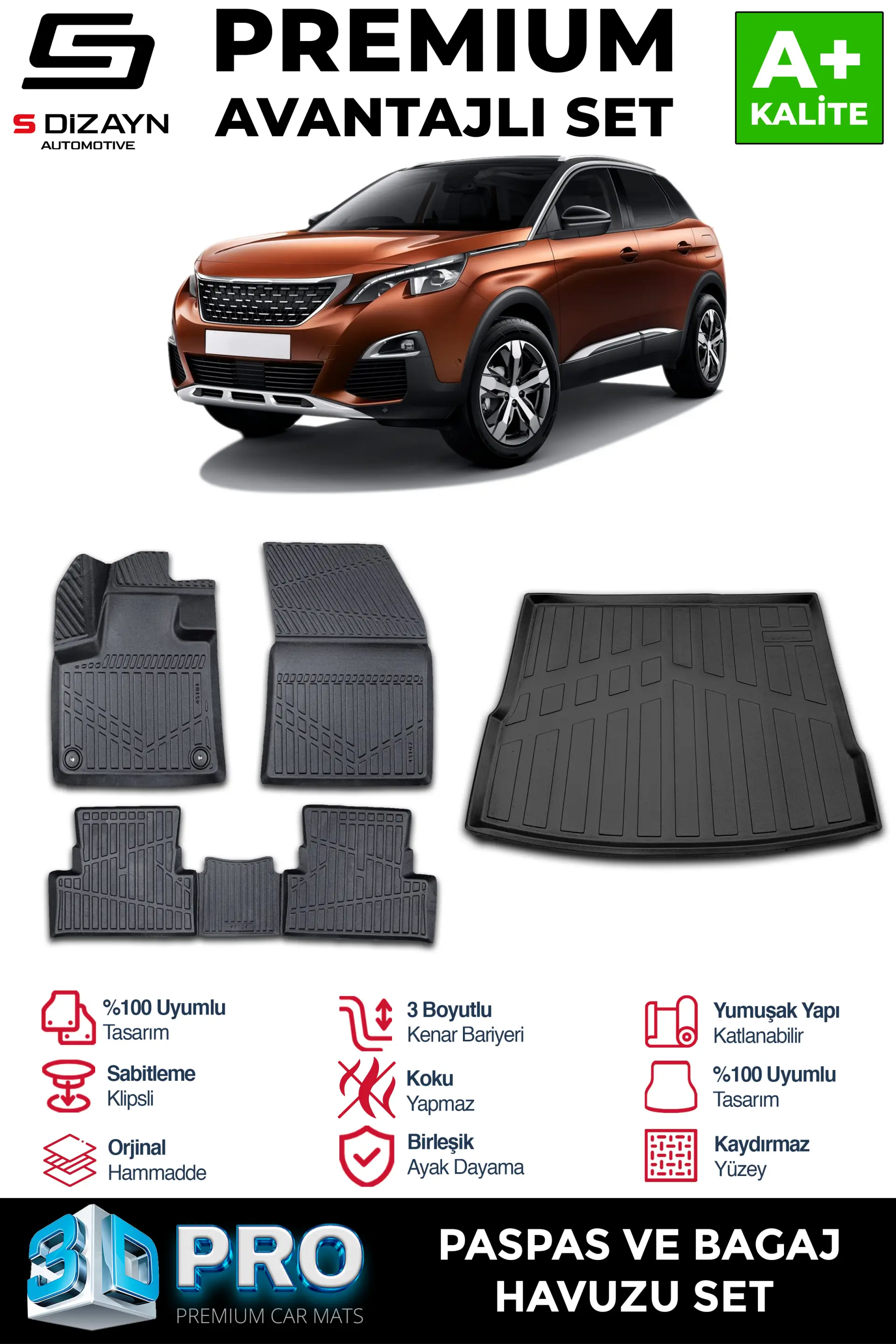S-Dizayn Peugeot 3008 3D Pro Havuzlu Paspas ve Üst Bagaj Havuzu Seti (2'li SET) 2016-2023 A+ Kalite