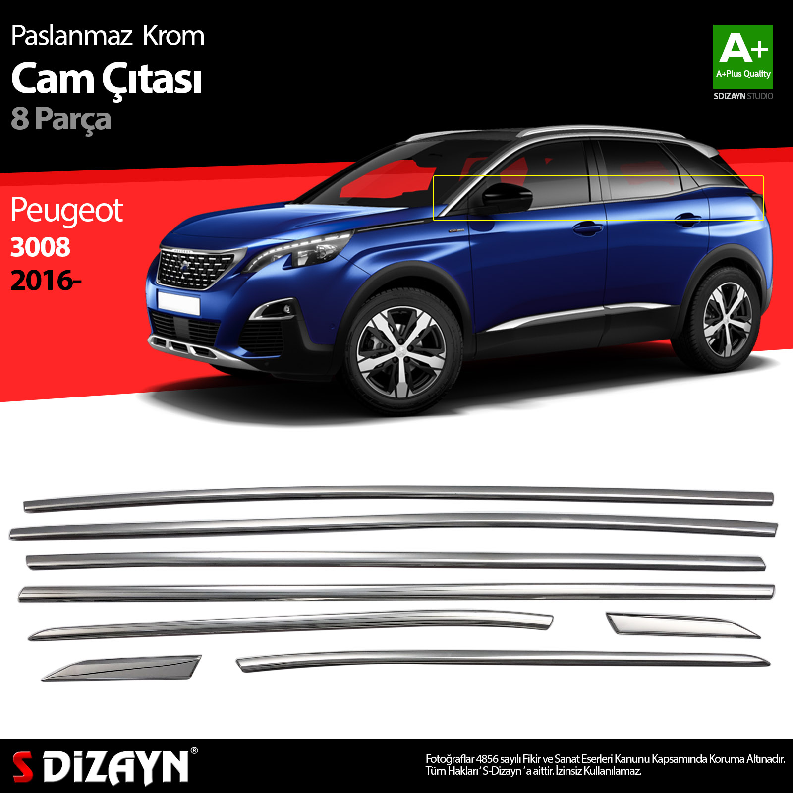 S-Dizayn Peugeot 3008 Krom Cam Çıtası 8 Prç. 2016-2023 S-Dizayn Peugeot 3008 Krom Cam Çıtası 8 Prç. 2016-2023