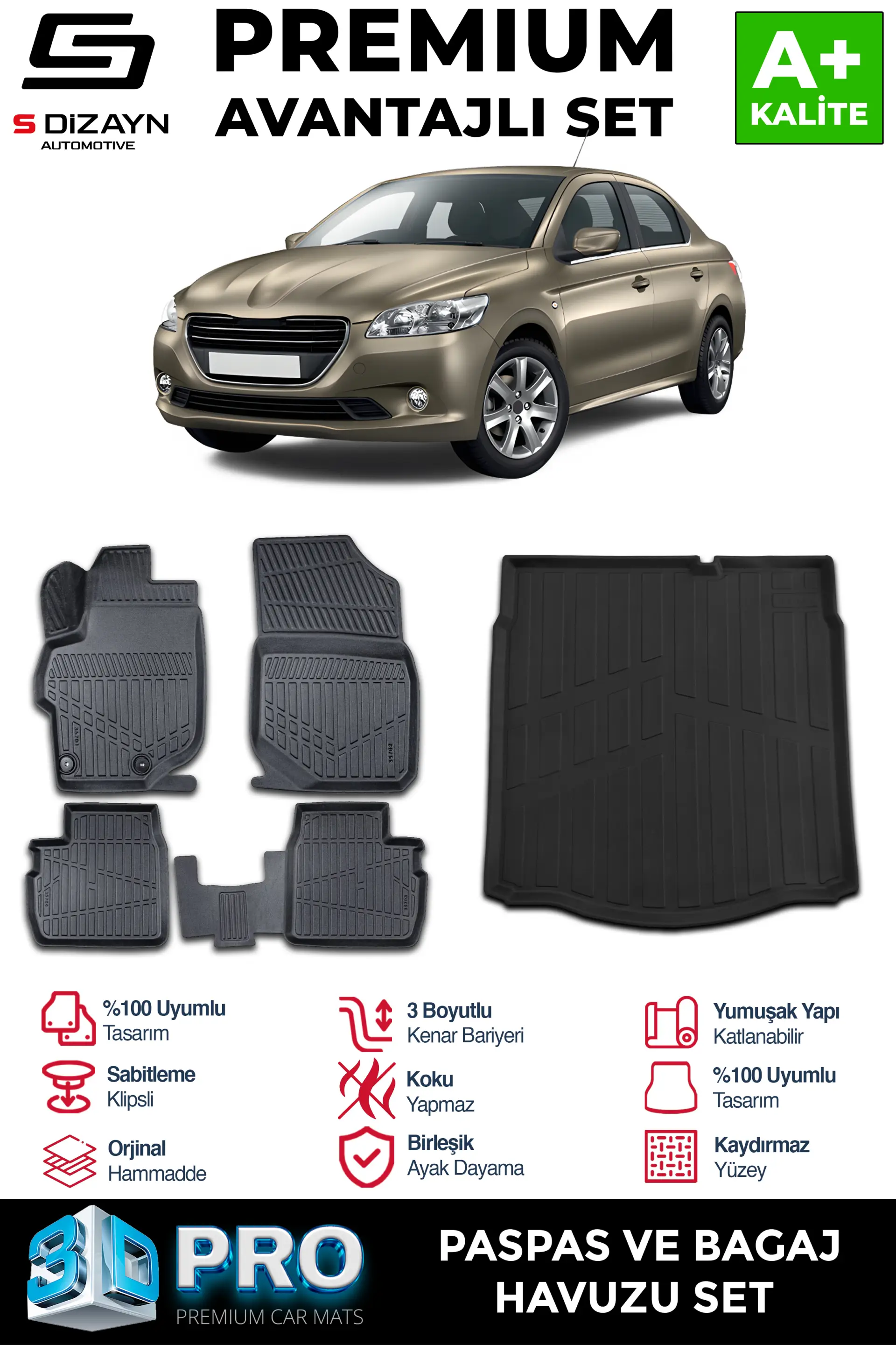 S-Dizayn Peugeot 301 3D Pro Havuzlu Paspas ve Bagaj Havuzu Seti (2'li SET) 2013 Üzeri A+ Kalite
